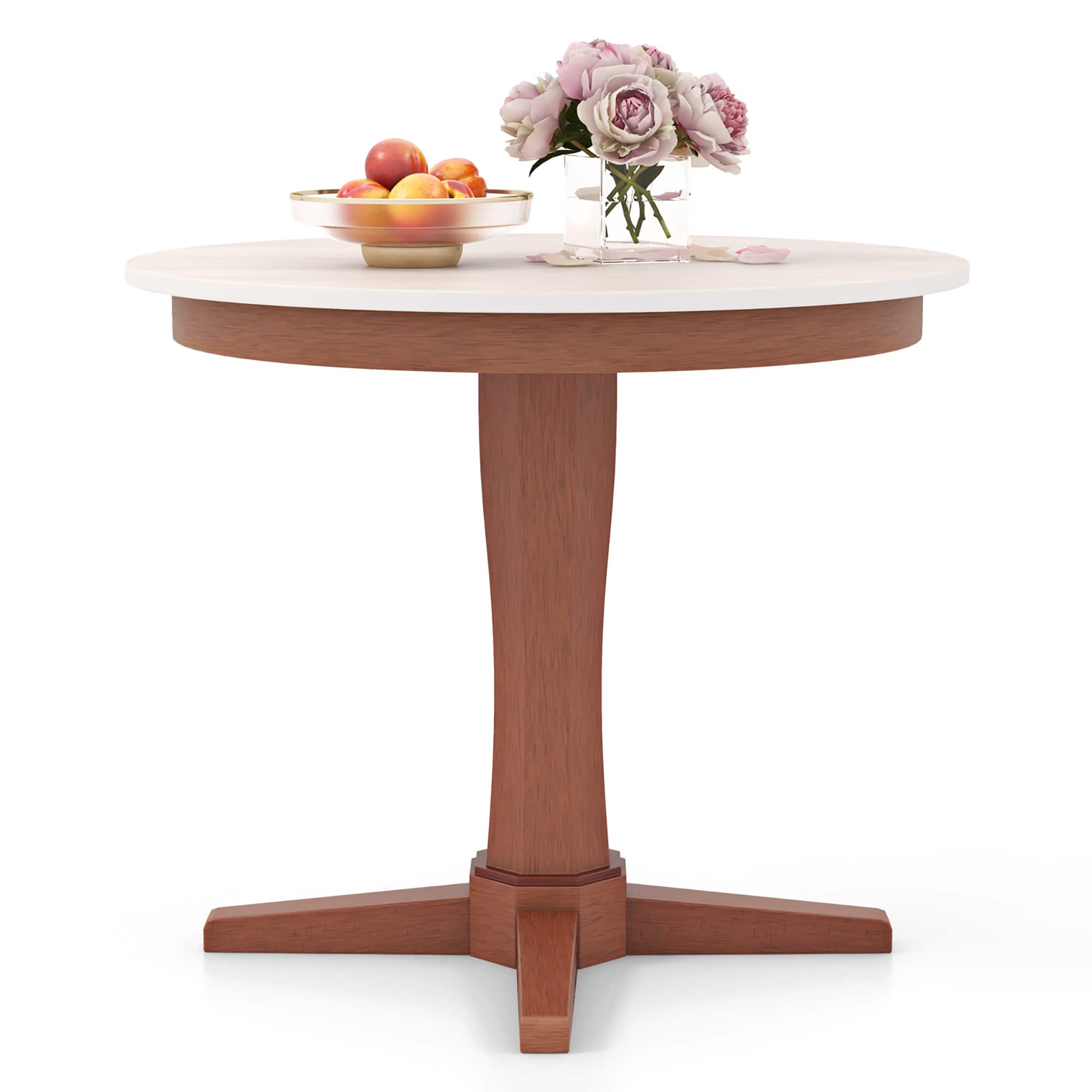 Gymax - 36'' Round Dining Table for 4 People w/ Pedestal Base Solid Rubber Wood Frame - Cream White, Walnut