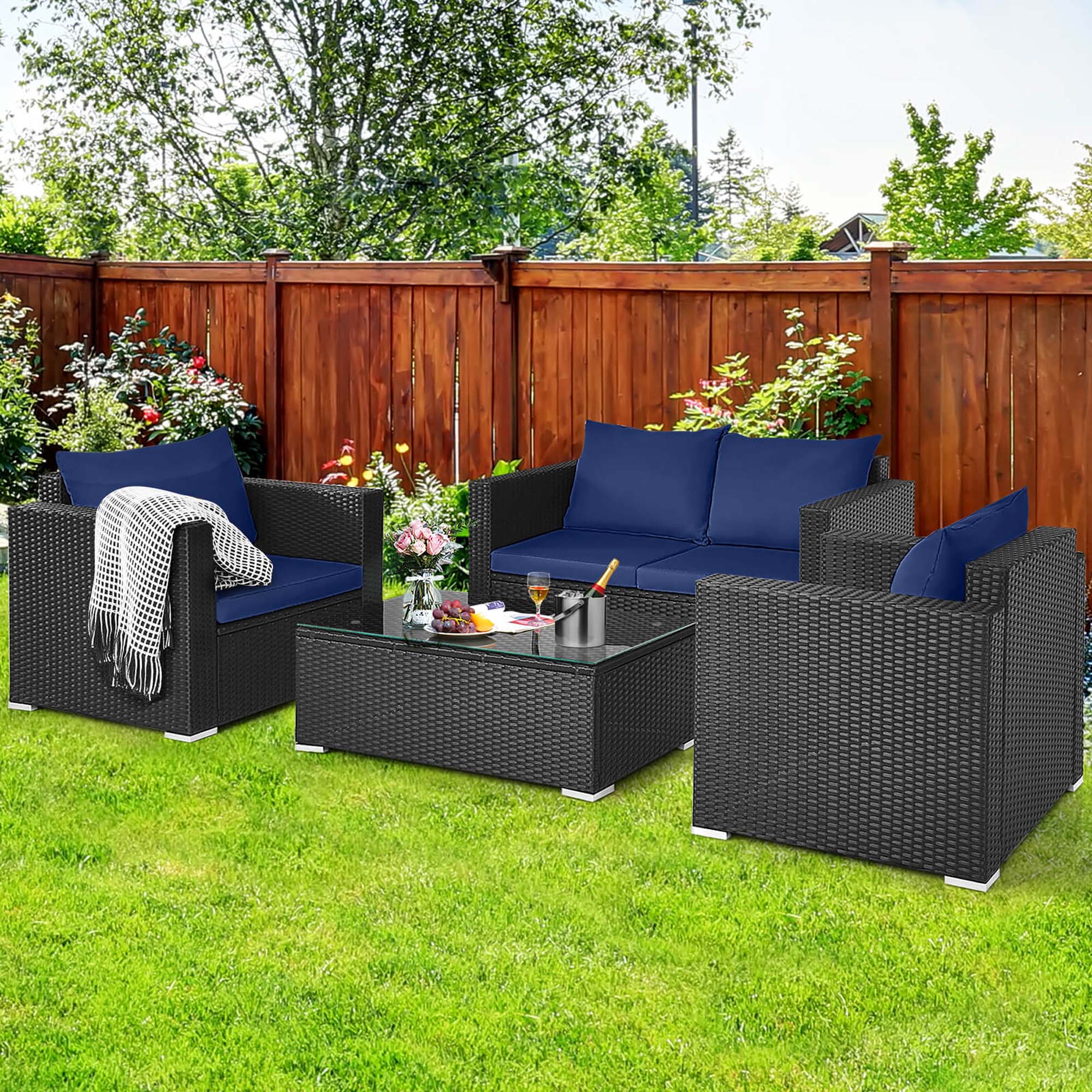 Alt View 4. Costway - 4 PCS Patio Rattan Furniture Set Cushioned Sofa Chair Coffee Table - Black,Blue.