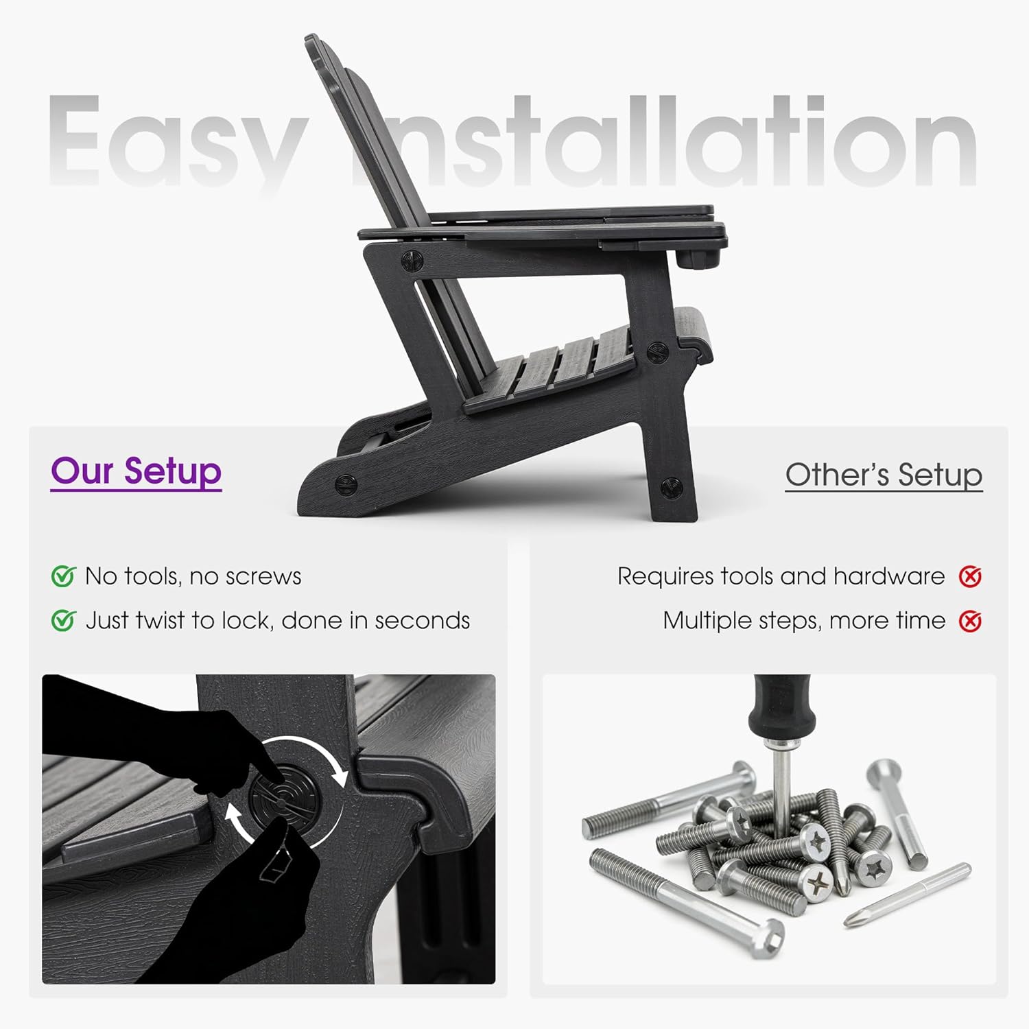 Easy Installation

Our Setup
- No tools, no screws
- Just twist to lock, done in seconds

Other's Setup
- Requires tools and hardware
- Multiple steps, more time