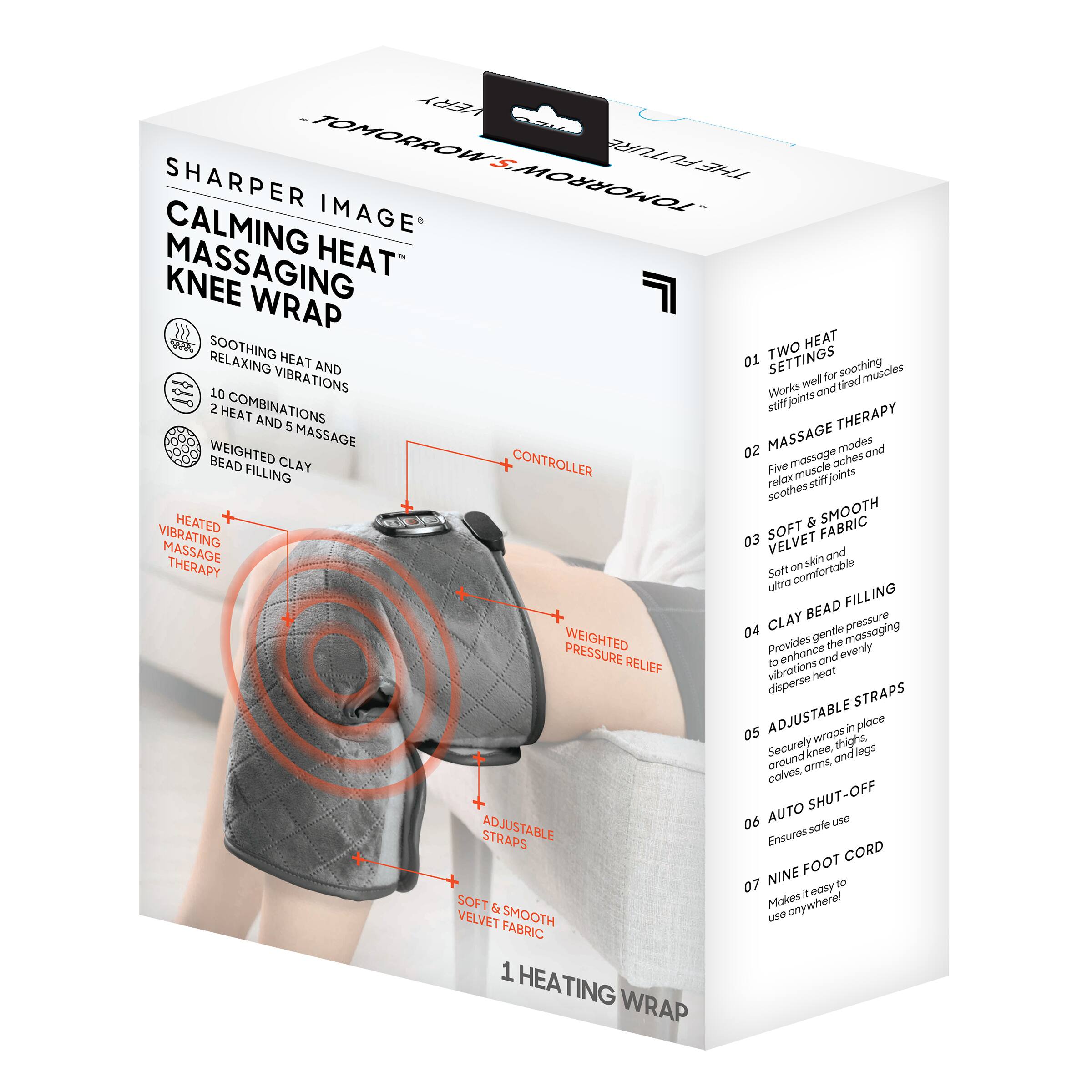 The text on the image is already grouped and corrected. It reads: "Sharper Image Calming Massaging Heat Knee Wrap. Soothing Heat. 2 Heat Combinations. 5 Massage Modes. Weighted 0.3 oz. Massage and Therapy. Soft on towel use. Provides gentle massaging pressure. Enhances and evenly disperse heat. Adjustable straps. Securely wraps knees, thighs, legs, arms, calves. Shut-off switch. Auto shut-off. Easy to use. Soft Velvet Smooth Fabric. Heating Wrap."