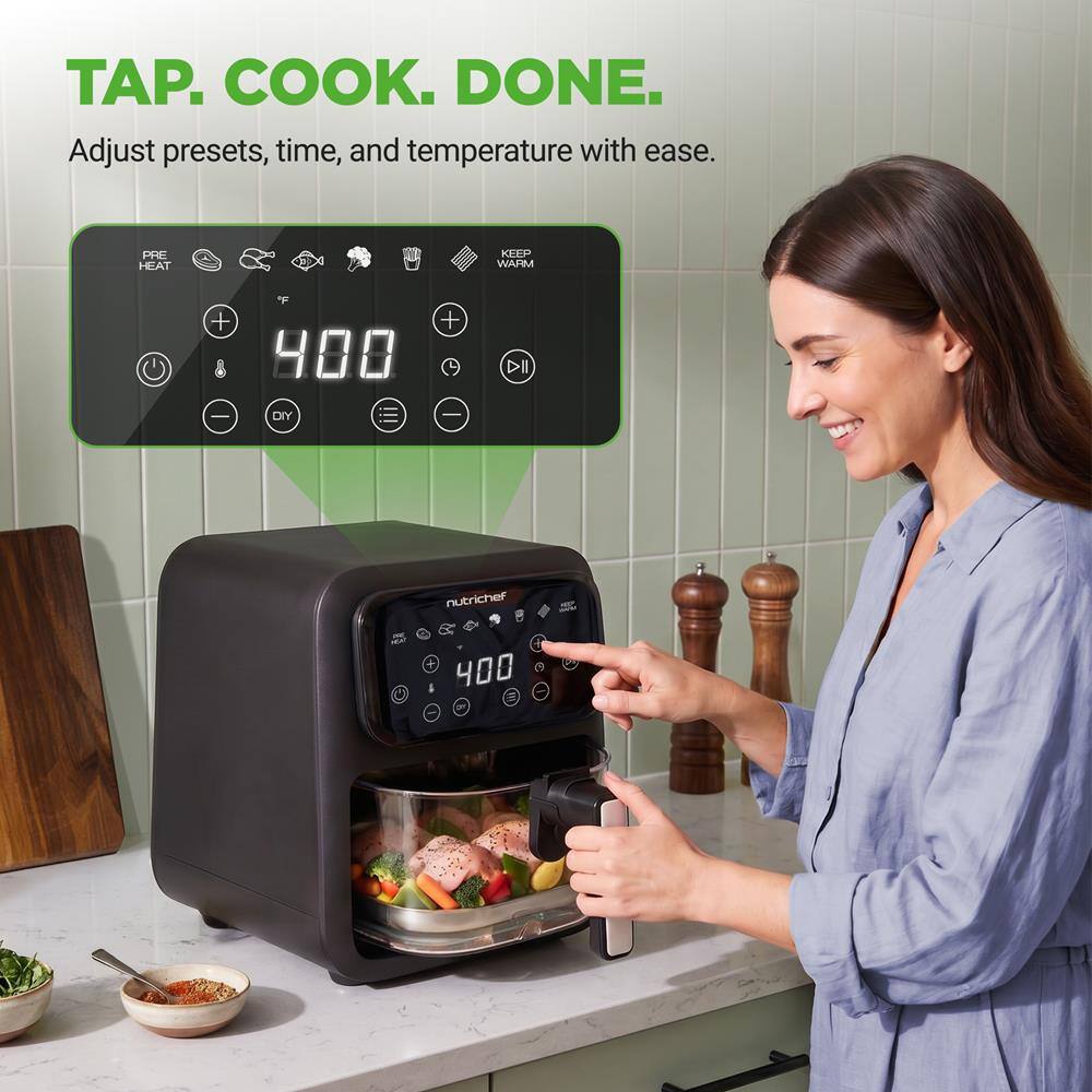 TAP. COOK. DONE.  
Adjust presets, time, and temperature with ease.  

PRE HEAT  
KEEP WARM  
400  
nutrichef