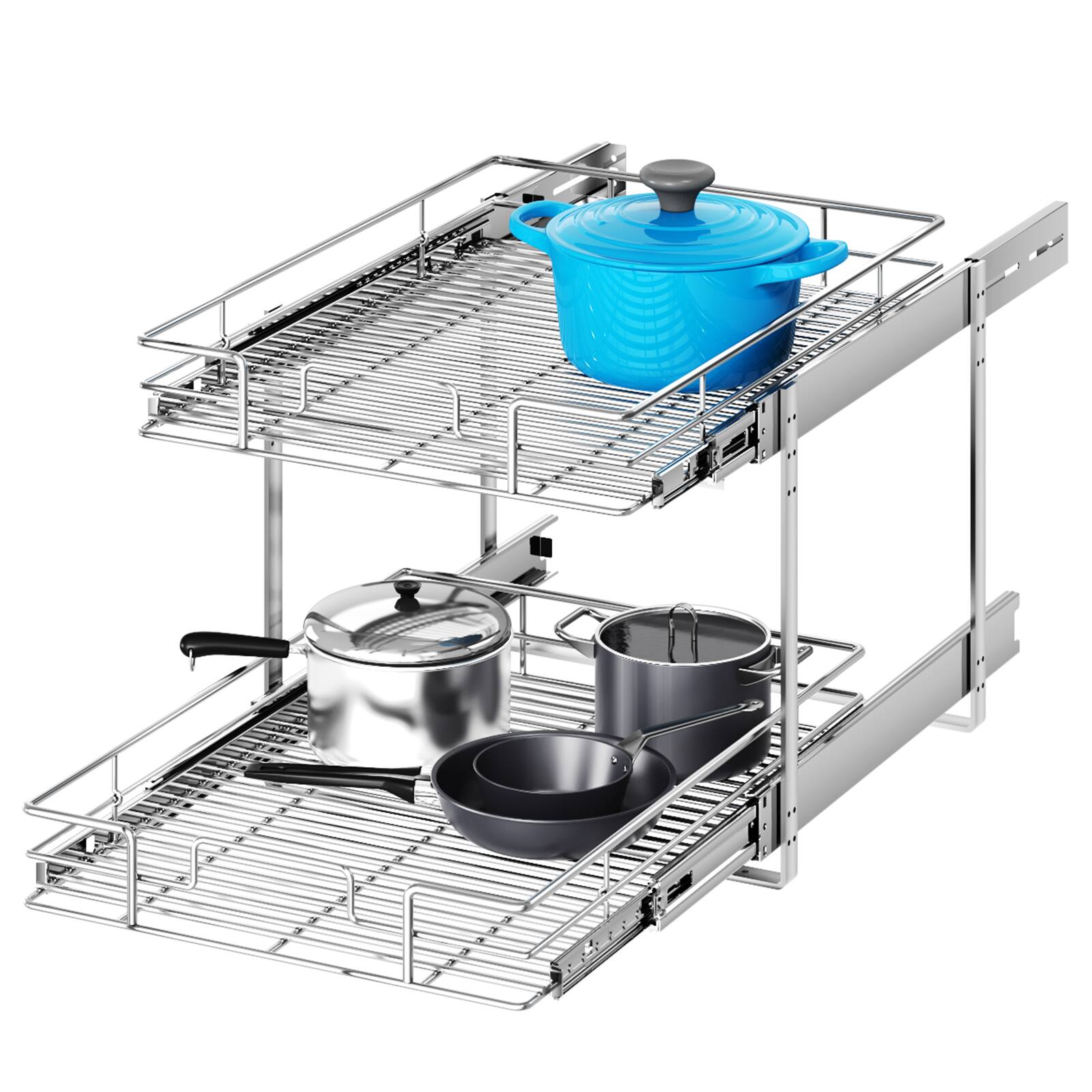 LOVMOR - 2 Tier Individual Pull Out Cabinet Organizer 19½in W x 21½in D Slide Out Kitchen Cabinet Storage Sliding Shelves - Silver