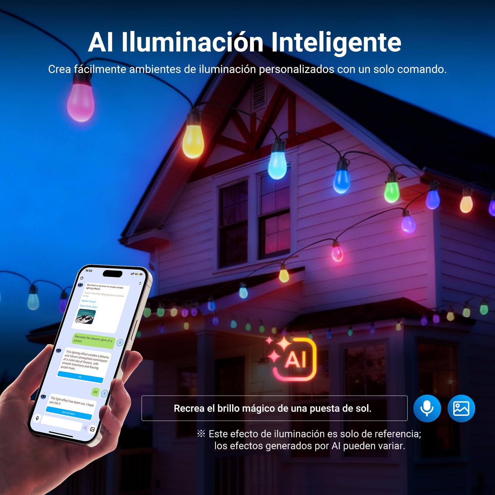 AI Iluminación Inteligente  
Crea fácilmente ambientes de iluminación personalizados con un solo comando.  

Recrea el brillo mágico de una puesta de sol.  
Este efecto de iluminación es solo de referencia; los efectos generados por Al pueden variar.