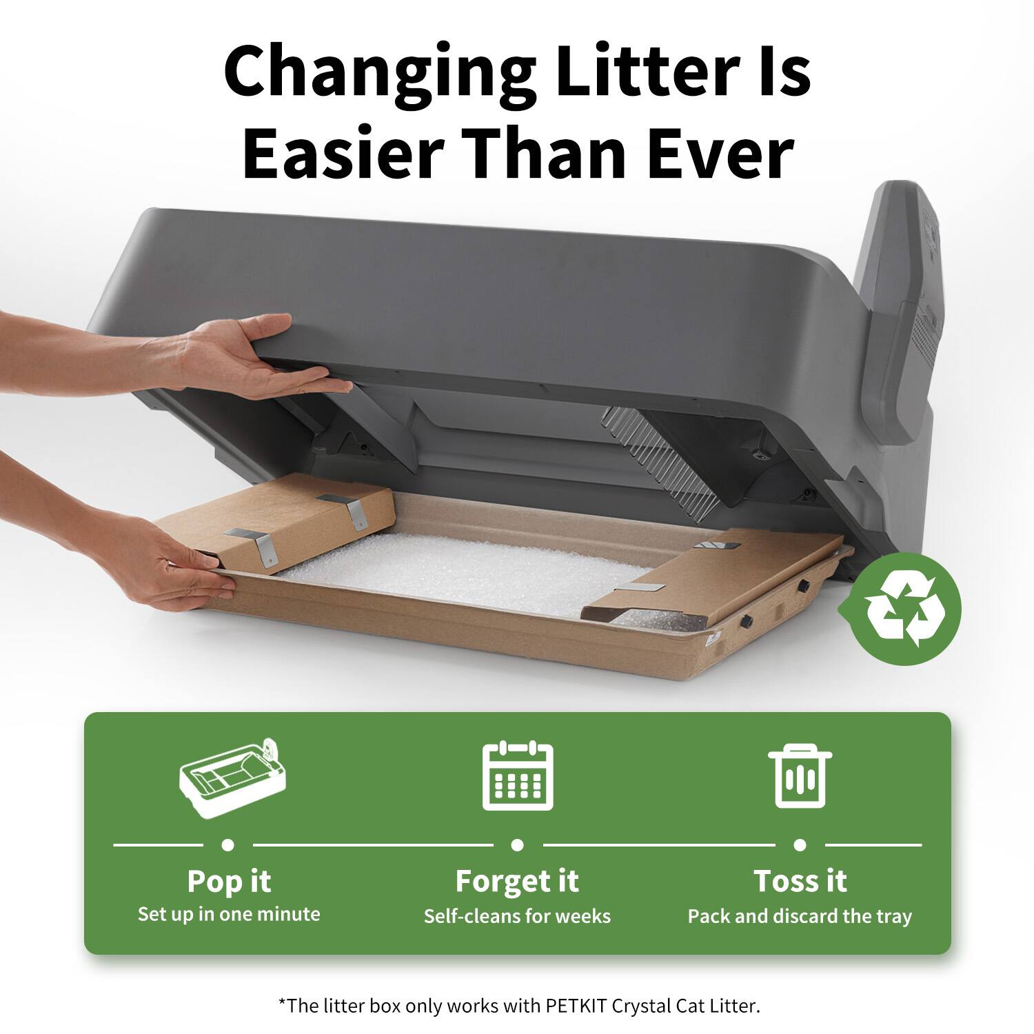 Changing Litter Is Easier Than Ever

Pop it
Set up in one minute

Forget it
Self-cleans for weeks

Toss it
Pack and discard the tray

*The litter box only works with PETKIT Crystal Cat Litter.
