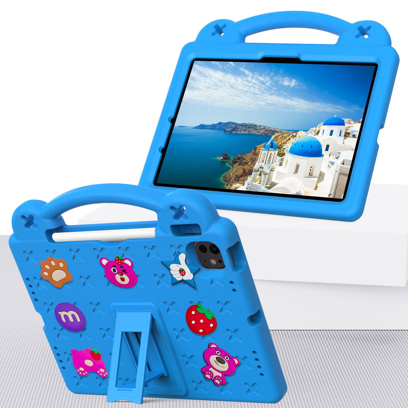Angle. Dteck - For iPad Air 11'' (M4)2026/(M3)/ (M2)& iPad Pro 11'' (M5)2025/(M4)2024 Cartoon Kid Case Kickstand Handle Grip Shockproof - Skyblue.