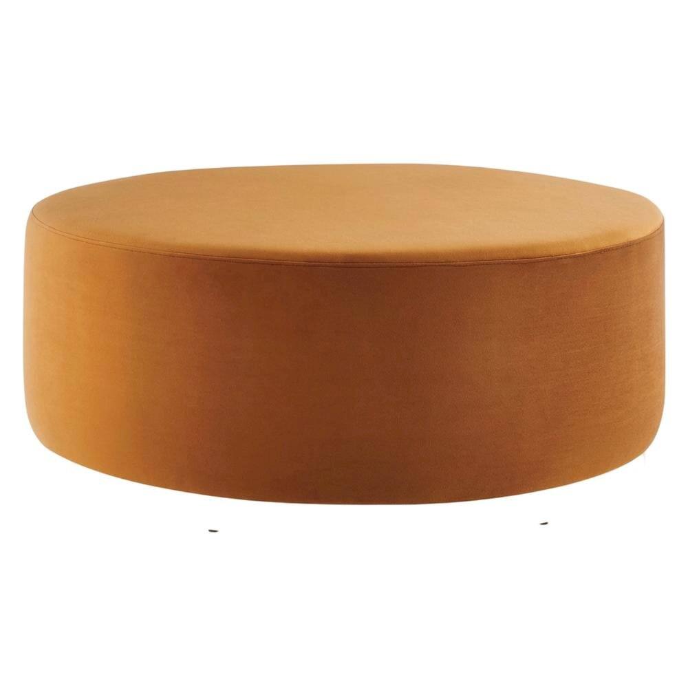 Back. Outdoor Escape - Performance Velvet 38-Inch Round Outdoor Ottoman, Plush Upholstery, Versatile - Brown.