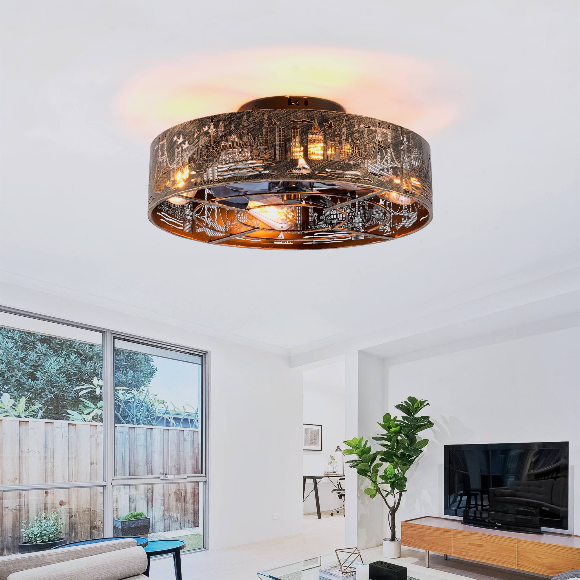 Alt View 7. Sofucor - 20'' Caged Ceiling Fans with Lights & Remote Enclosed Fandalier Farmhouse Bronze Flush Mount Fan Reversible for Bedroom - Bronze.