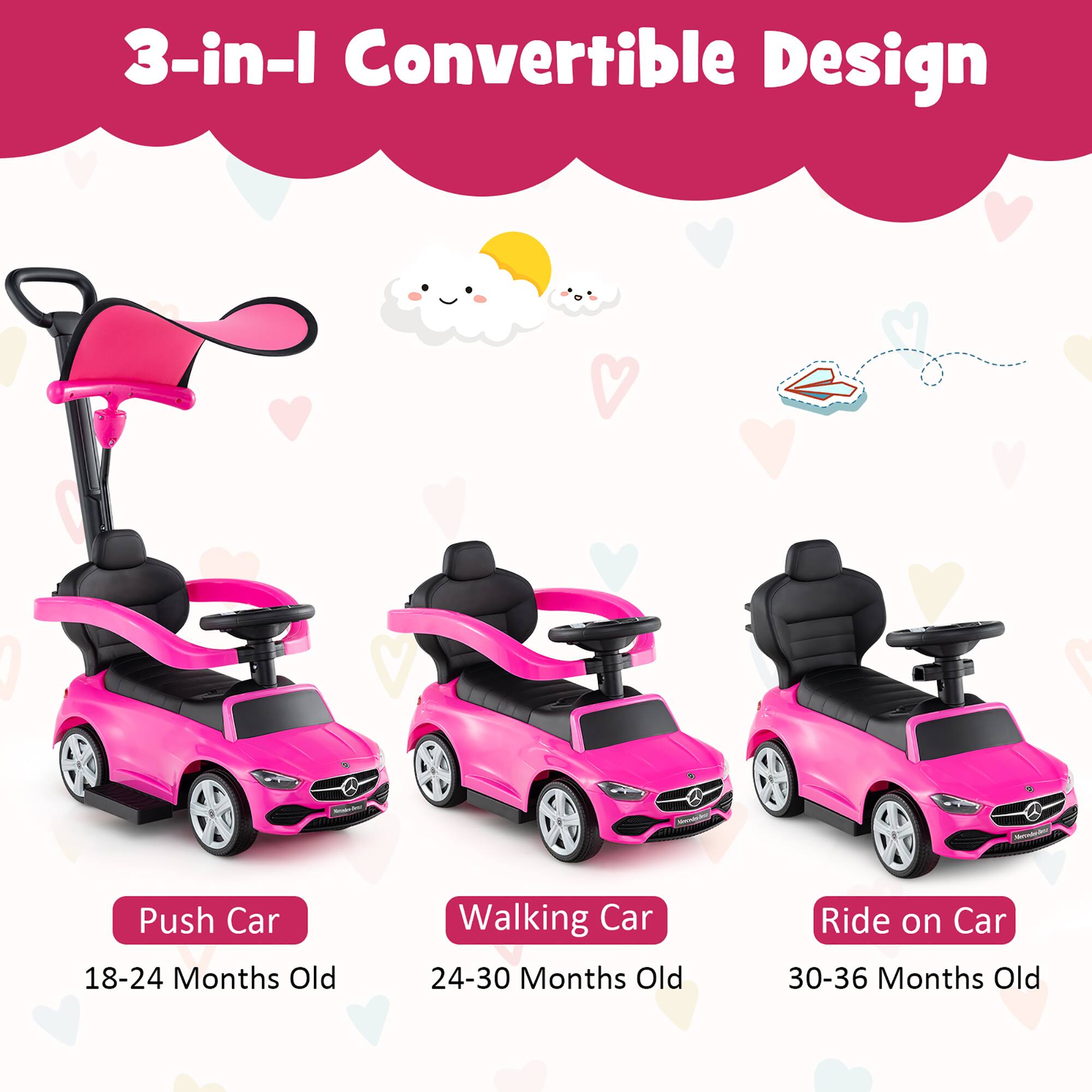 3-in-1 Convertible Design

Push Car  
18-24 Months Old

Walking Car  
24-30 Months Old

Ride on Car  
30-36 Months Old