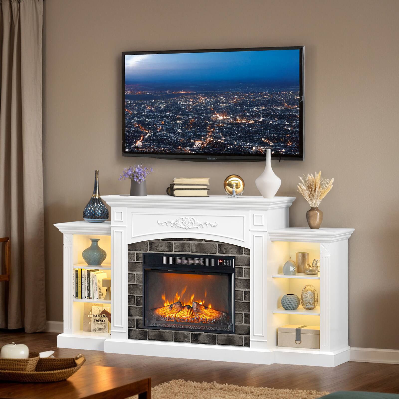 Winado - Fireplace TV Stand Console Table, Electric Fireplace with Realistic Flame Effect - Shined White