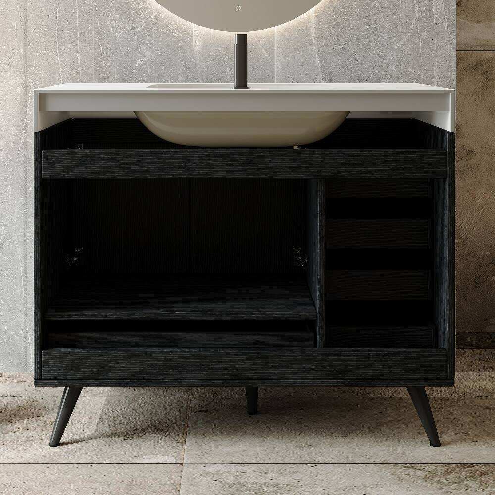 Alt View 3. Loheer - Loheer 36 inch freestanding bathroom vanity with faux marble top, ceramic sink, 5 drawers, black - Black.