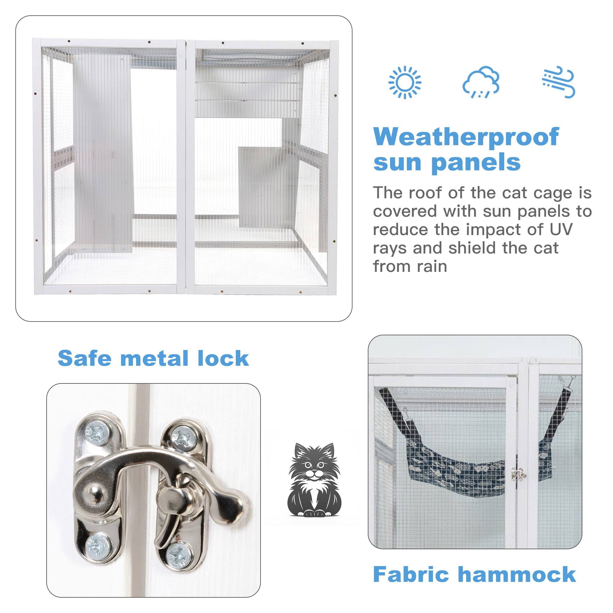 - Weatherproof sun panels
  - The roof of the cat cage is covered with sun panels to reduce the impact of UV rays and shield the cat from rain

- Safe metal lock

- Fabric hammock