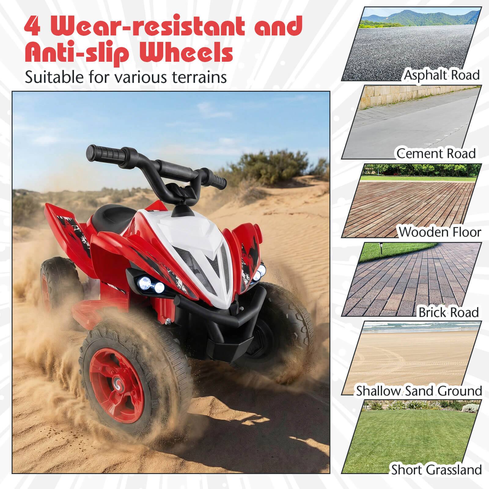 4 Wear-resistant and Anti-slip Wheels  
Suitable for various terrains  
- Asphalt Road  
- Cement Road  
- Wooden Floor  
- Brick Road  
- Shallow Sand Ground  
- Short Grassland