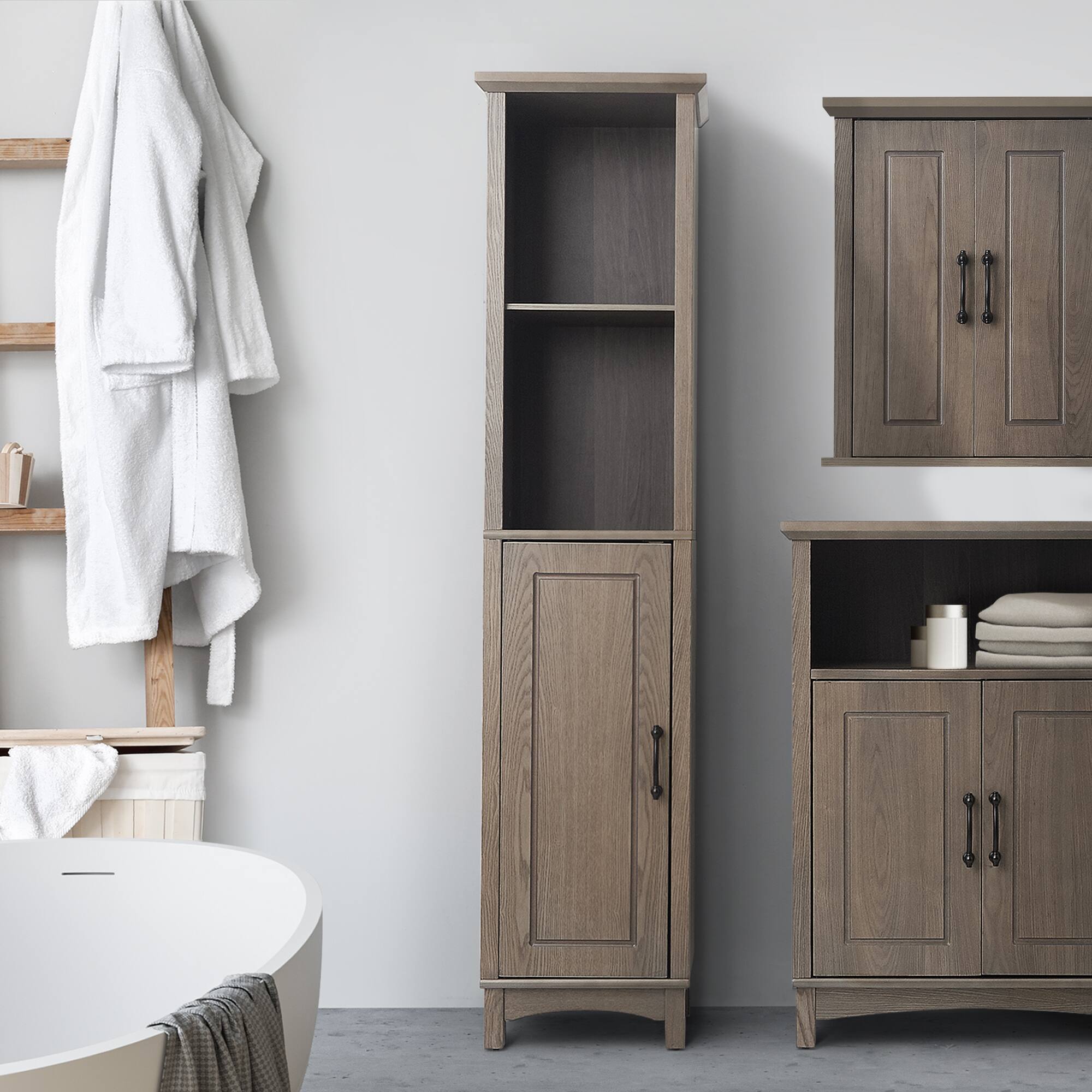 Front. Teamson Home - Teamson Home Russell Freestanding Multifunctional Linen Tower, Salt Oak - Tan.