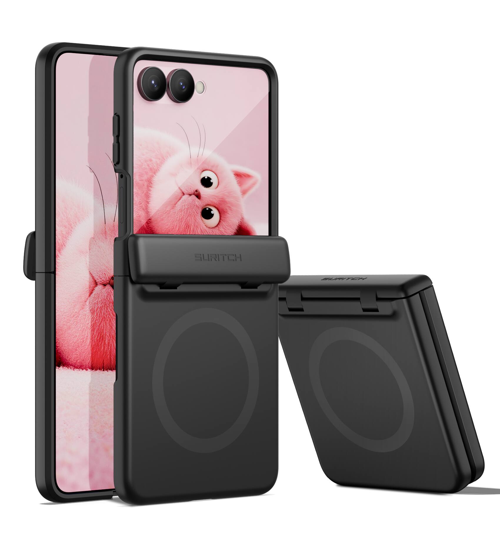 Angle. SURITCH - Slim Magnet Case for Samsung Galaxy Z Flip 8 with Hinge Protection, Compatible with MagSafe & Built-in Screen Protector - Aurora Black.