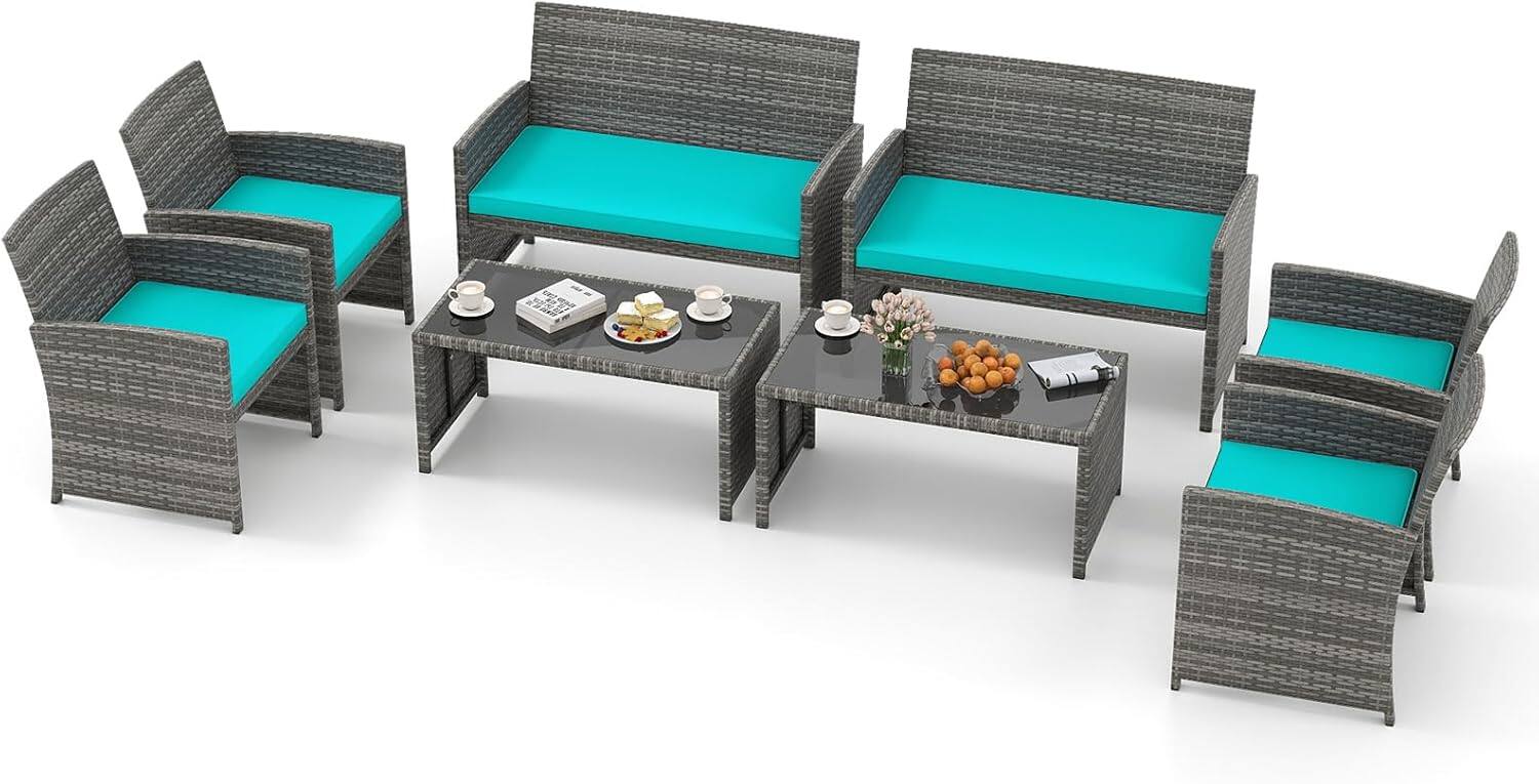 Gymax - 8PCS Patio Outdoor Conversation Set w/Seat Cushions & Tempered Glass Tabletop - Turquoise
