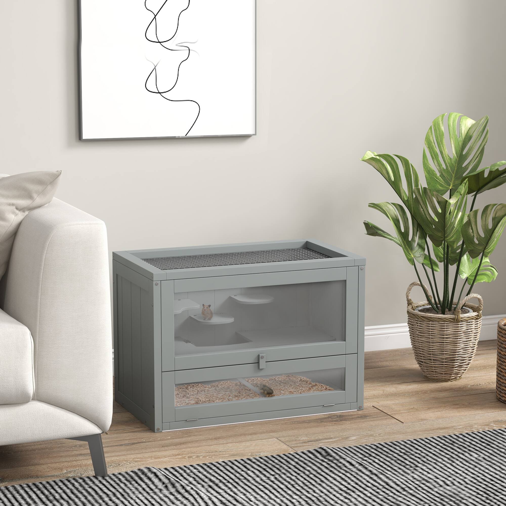 Angle. Pawhut - 2-Level Hamster Cage Mice and Rat House, Guinea Pigs, Chinchillas with Openable Top, Front Door, Shelf, Ladder.