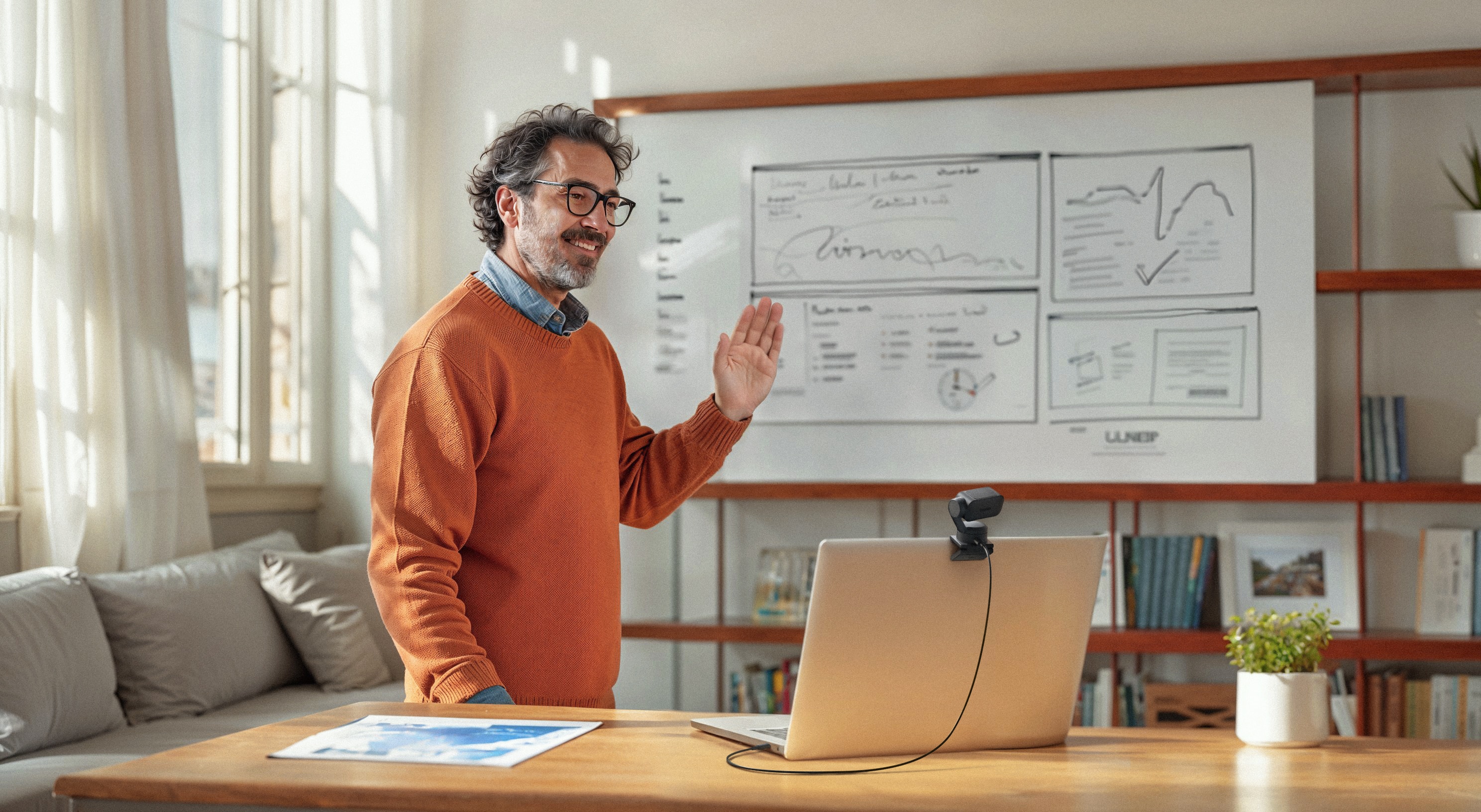 The man is standing in front of a whiteboard, giving a presentation. He is wearing an orange sweater and glasses. There is a laptop on the table in front of him, and a mouse is placed nearby. The room has a couch and a potted plant, and there are several books scattered around the area.