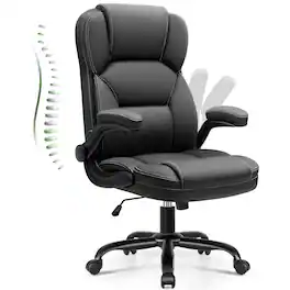 Brick Attic - Leather Office Chair with Flip Up Arms, 360° Swivel Ergonomic Desk Chair with Wheels, Adjustable Height Computer Chair - Black