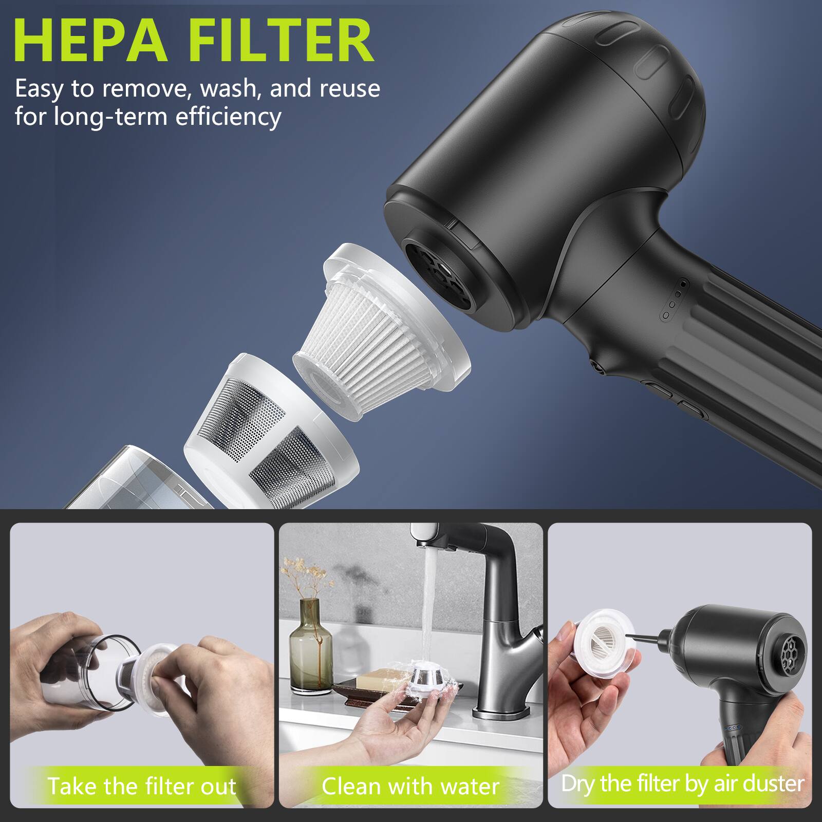 HEPA FILTER  
Easy to remove, wash, and reuse for long-term efficiency  

Take the filter out  
Clean with water  
Dry the filter by air duster