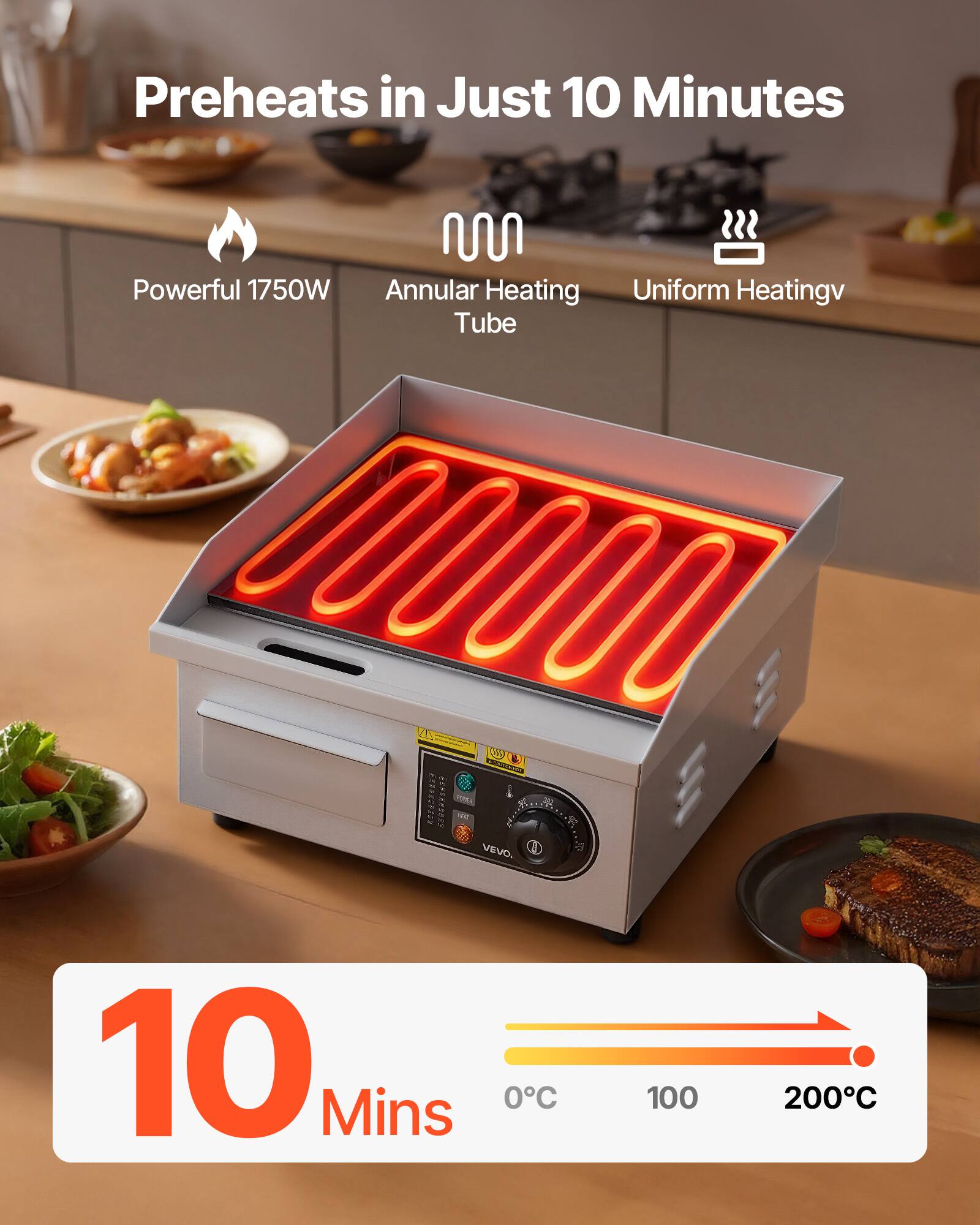 Preheats in Just 10 Minutes

Powerful 1750W
Annular Heating Tube
Uniform Heating

10 Mins
0°C
100
200°C