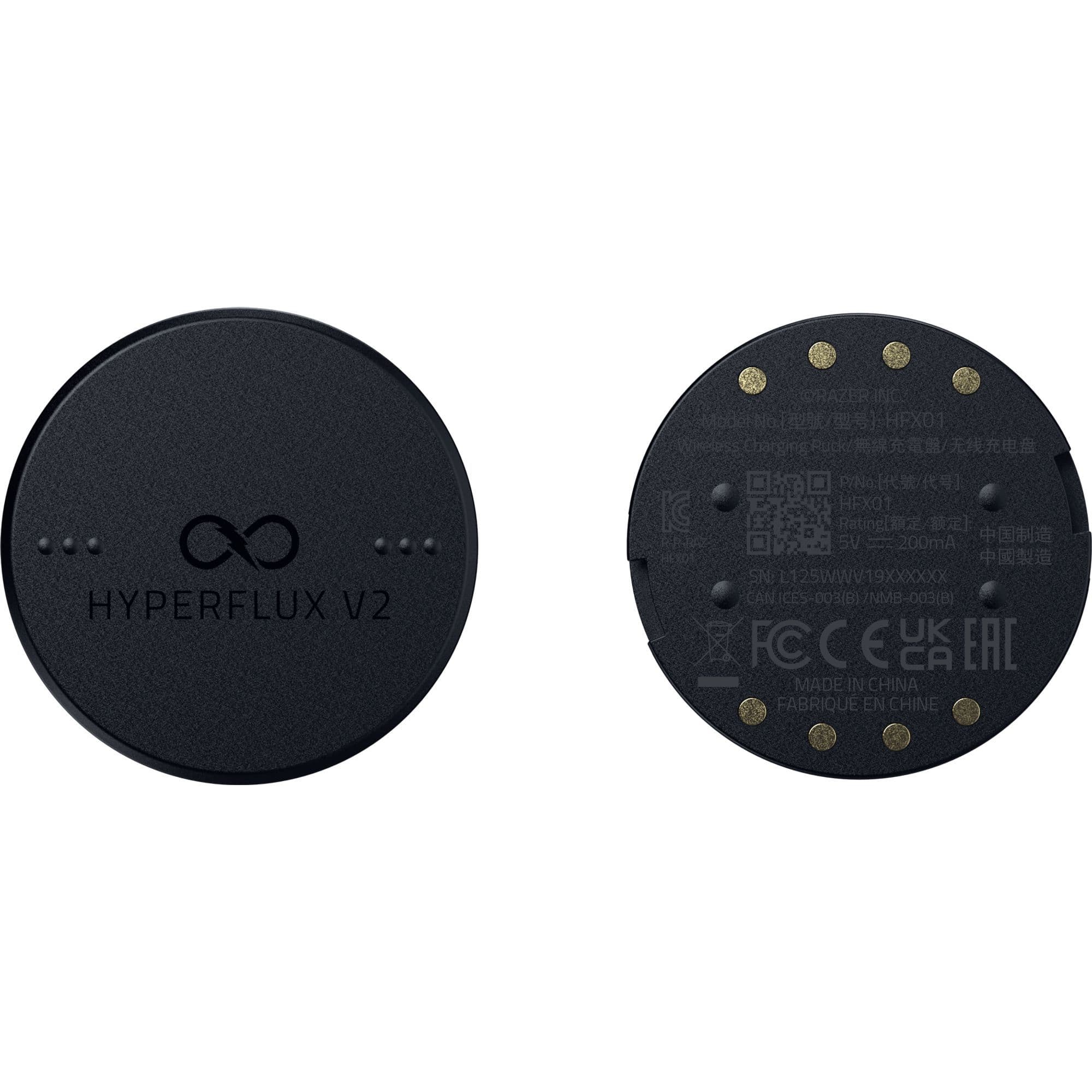 Sure, here is the corrected and grouped text from the image:

---

**Top Side:**

- HYPERFLUX V2

**Bottom Side:**

- HFX01
- Charging Pad
- Rating: 200mA
- SN: L125WWV19XXXXXX
- CAN (ICES-003) NMB-003(B)
- FCC CE UK EAC
- MADE IN CHINA
- FABRIQUE EN CHINE

---

This text includes the product name, model number, charging pad information, serial number, regulatory marks, and manufacturing details.