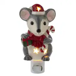 Ganz - Christmas Mouse with Cut out Stars Ceramic Plug in Night Light 6 Inch - Gray