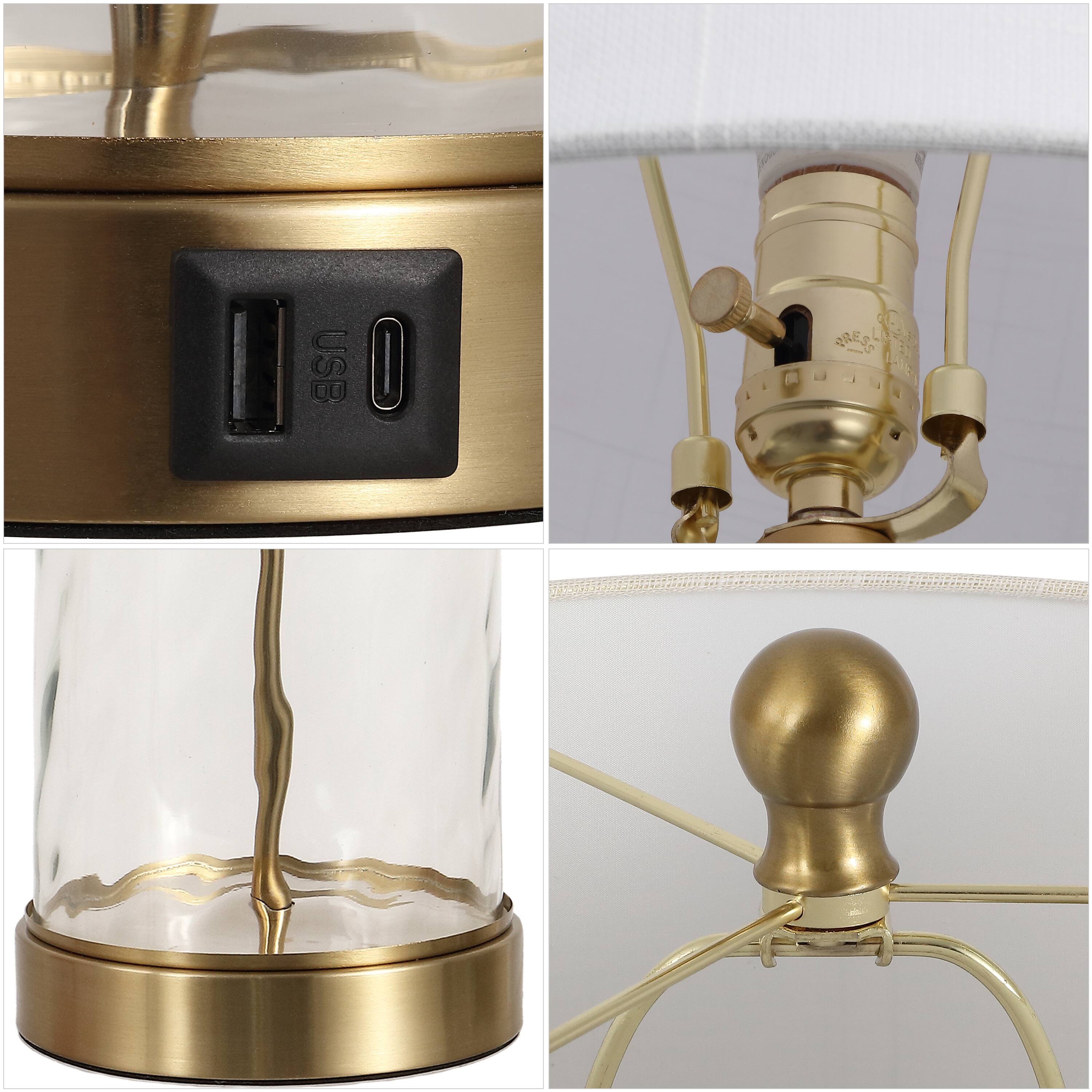 Alt View 4. Jonathan Y - Alexander 21" Modern Designer Metal/Water Glass LED Table Lamp with USB A+C Charging Ports, Brass Gold/Clear (Set of 2) - Brass Gold/Clear.
