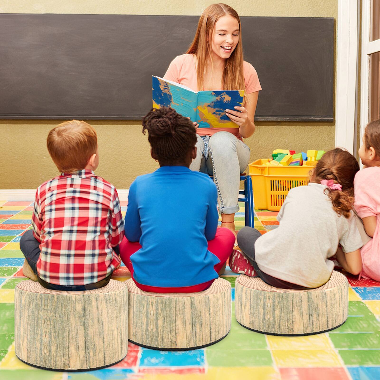 Alt View 1. Gymax - Gymax 3 PCS Tree Stump Stool Set w/Wood Printing Nature Decoration & Different Height Natural - Multicolor.