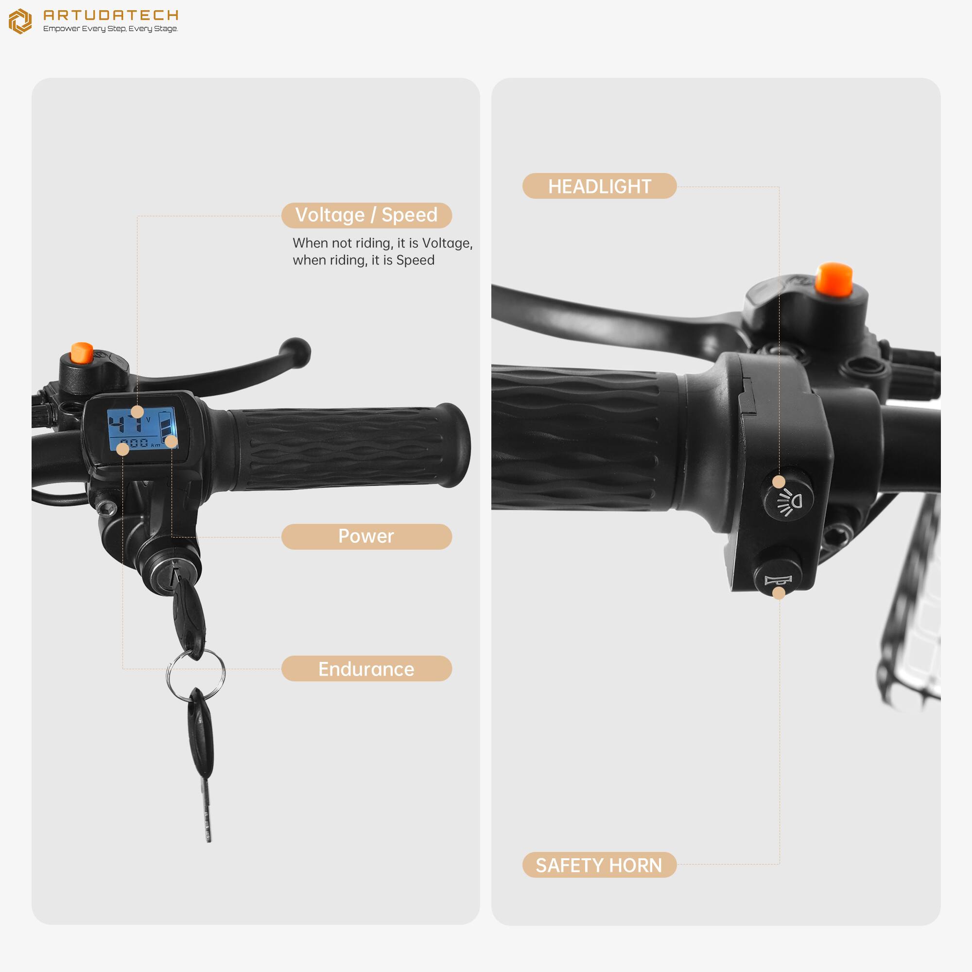 ARTUDATECH  
Empower Every Step. Every Stage.

Voltage / Speed  
When not riding, it is Voltage, when riding, it is Speed

Power  
Endurance

HEADLIGHT

SAFETY HORN