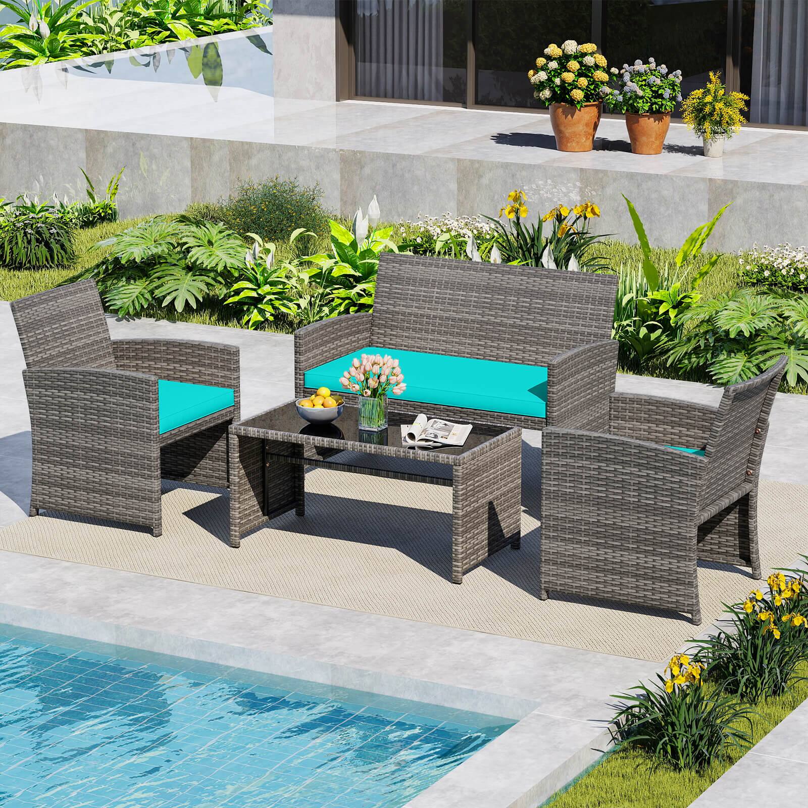 Alt View 1. Costway - Costway 4 PCS Patio Conversation Set with Seat Cushions & Tempered Glass Tabletop, Outdoor - Turquoise,Gray.