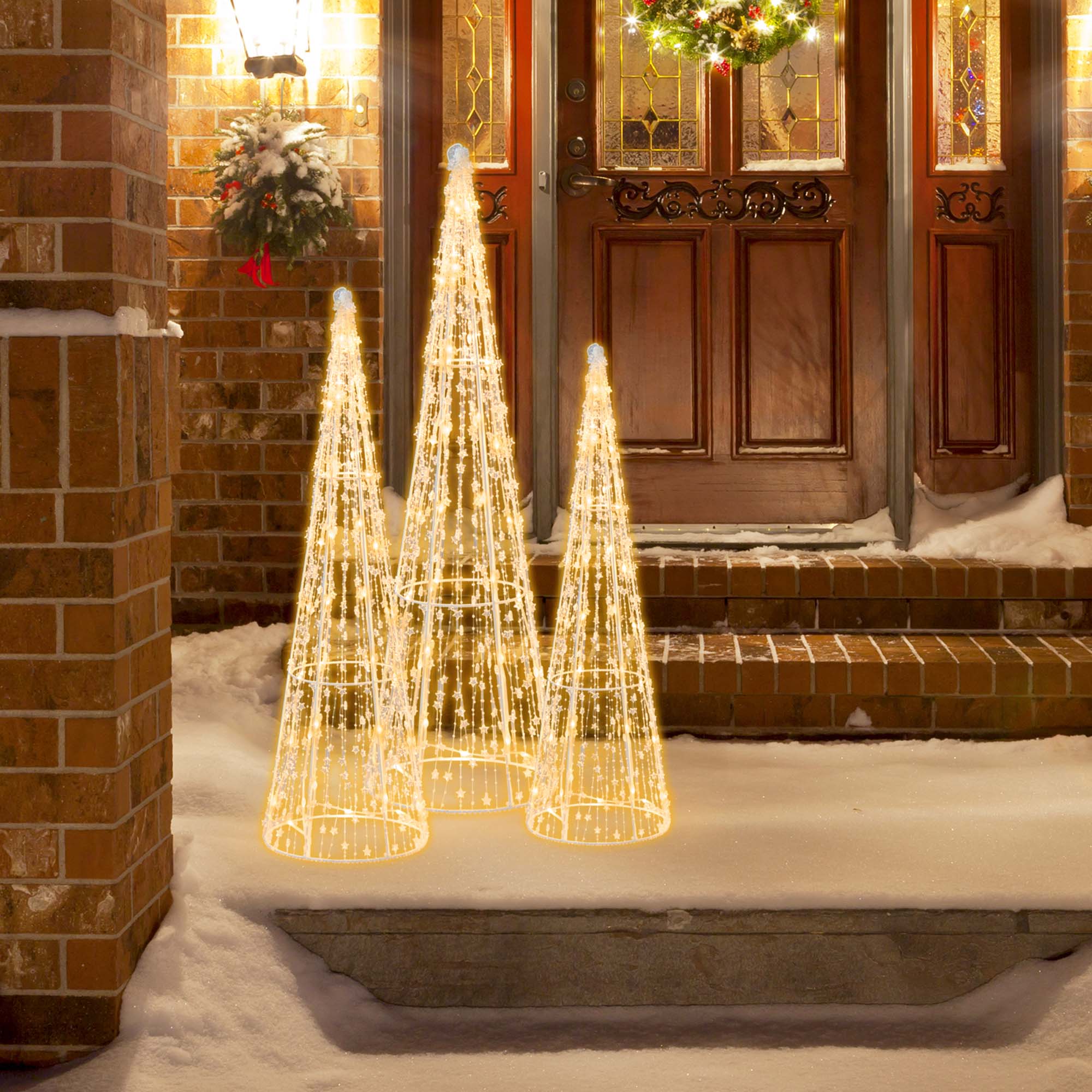 Alt View 11. Costway - Set of 3 Pre-lit Christmas Cone Trees Decoration with Star String & 90 Lights - Gold.