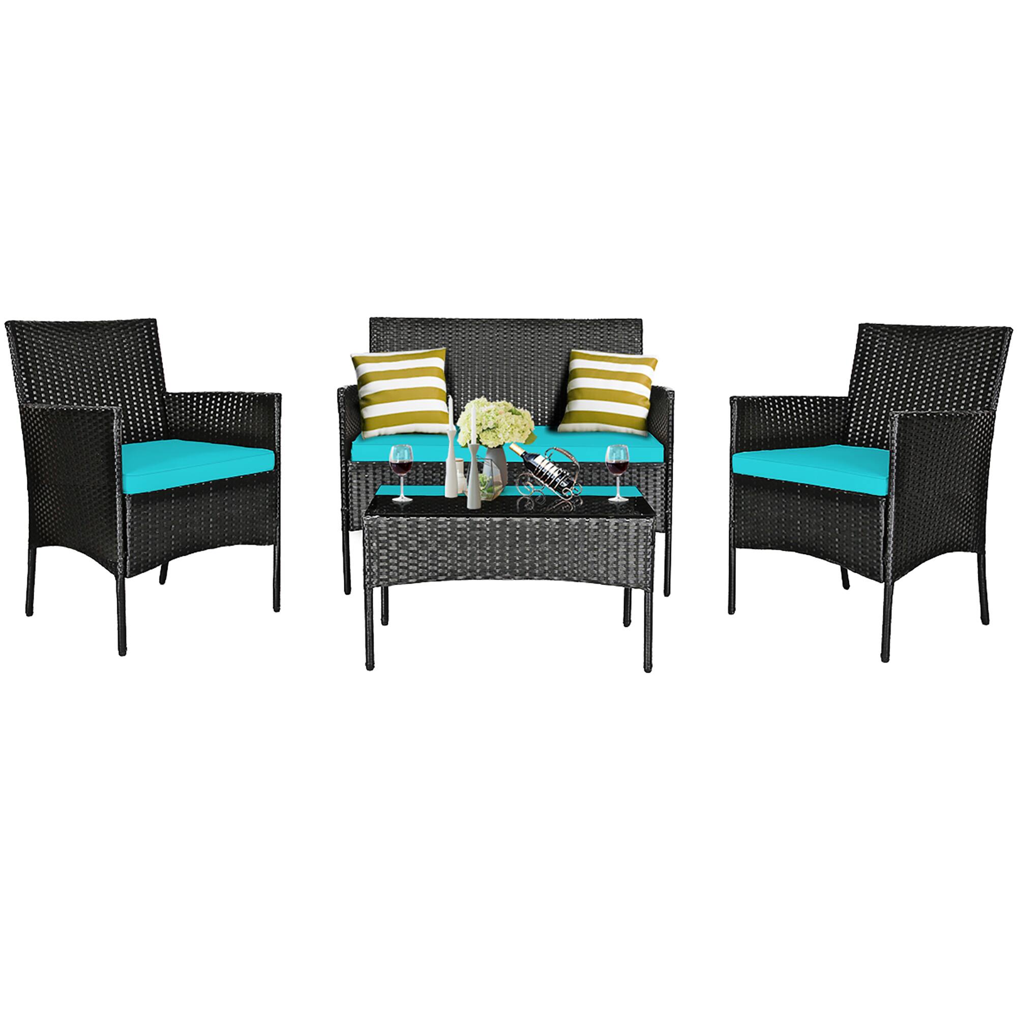Alt View 9. Costway - Costway 4PCS Patio Rattan Furniture Set Cushioned Sofa Coffee Table Backyard - Turquoise.