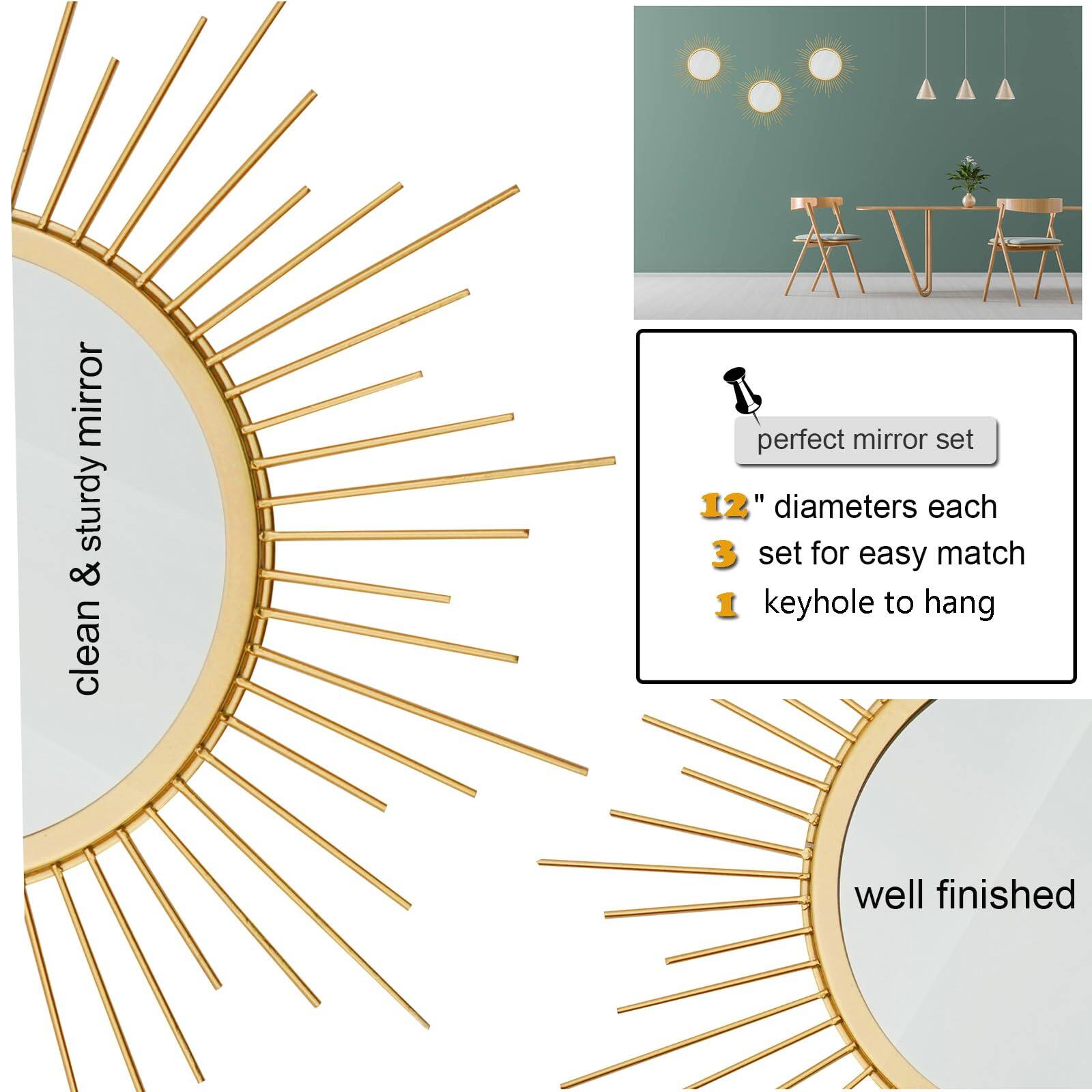 - clean & sturdy mirror
- perfect mirror set
- 12" diameters each
- 3 set for easy match
- 1 keyhole to hang
- well finished