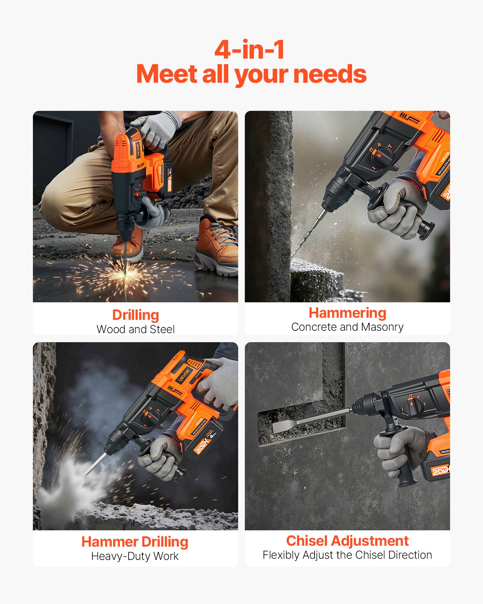 4-in-1  
Meet all your needs

- Drilling  
  Wood and Steel

- Hammering  
  Concrete and Masonry

- Hammer Drilling  
  Heavy-Duty Work

- Chisel Adjustment  
  Flexibly Adjust the Chisel Direction
