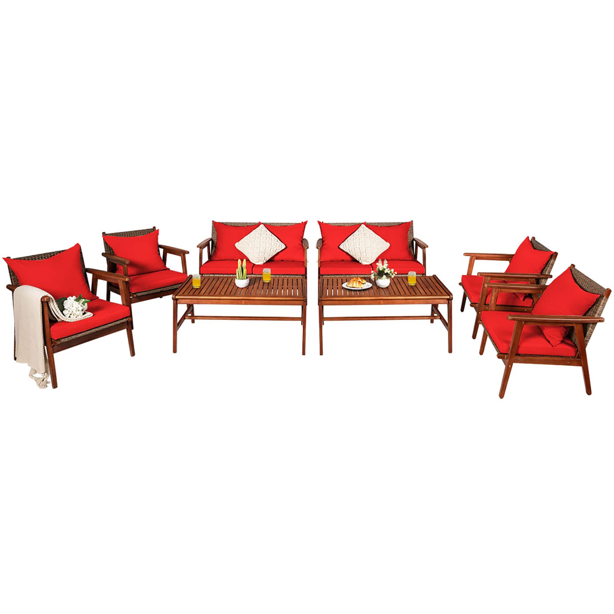 Costway - 8PCS Patio Rattan Furniture Set Acacia Wood Frame Cushioned Sofa Chair - Red price history on PriceWatchPro