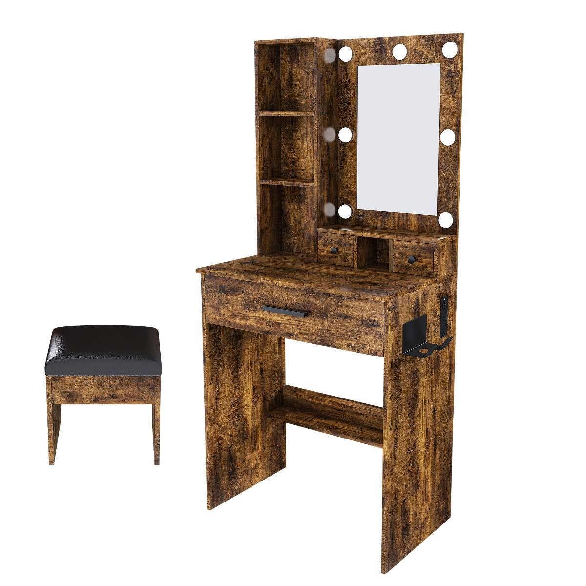 Back. Loheer - Loheer Makeup Vanity with Mirror and LED Lights, Vintage Dressing Table with Stool for Bedroom - Vintage.