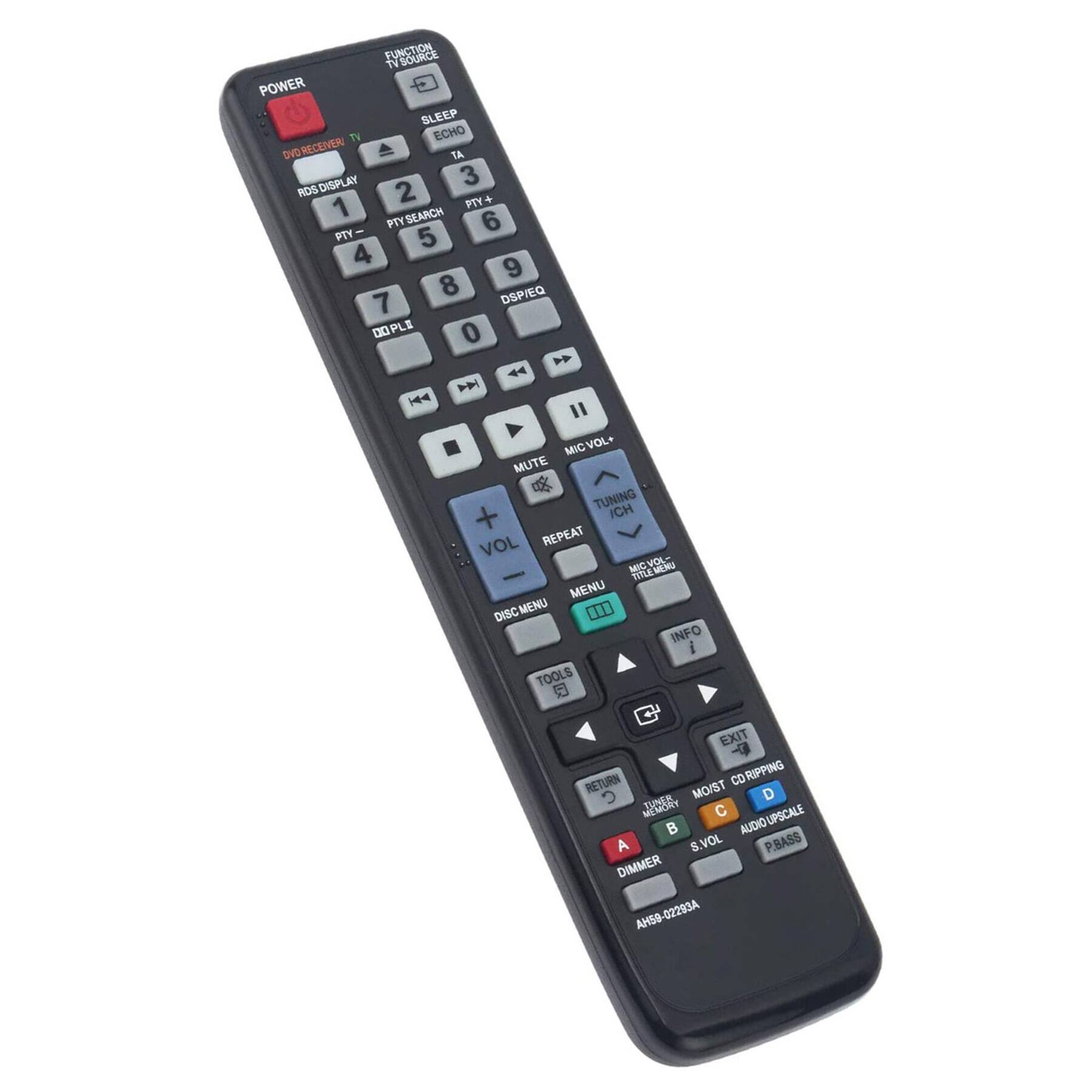 FUNCTION  
SOURCE  
TV  
POWER  
SLEEP  
TV  
ECHO  
TA  
DISPLAY  
3  
ROS  
2  
1  
PTY  
PTY SEARCH  
6  
FTY  
5  
4  
9  
8  
DSP/EQ  
7  
DOPLE  
0  
N  
44  
H  
H  
I  
MIC  
MICVOL  
MUTE  
TUNING  
ICH  
+  
VOL  
REPEAT  
MICVOL  
VCL  
M.ku  
TIa  
MENU  
DISC  
MENU  
O..  
INFO  
TOOLS  
EXIT  
CD  
RIPPING  
MO/ST  
D  
DIE  
C  
AUDIO  
UPSCALE  
A  
S  
S.VOL  
P.BASS  
P  
DIMMER  
AHSO  
02293A