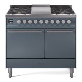 ILVE - Professional Plus II Series 40 in. Dual Fuel Range with 6 Sealed Burners + Griddle (Liquid Propane, Satin Trim) - Blue Grey
