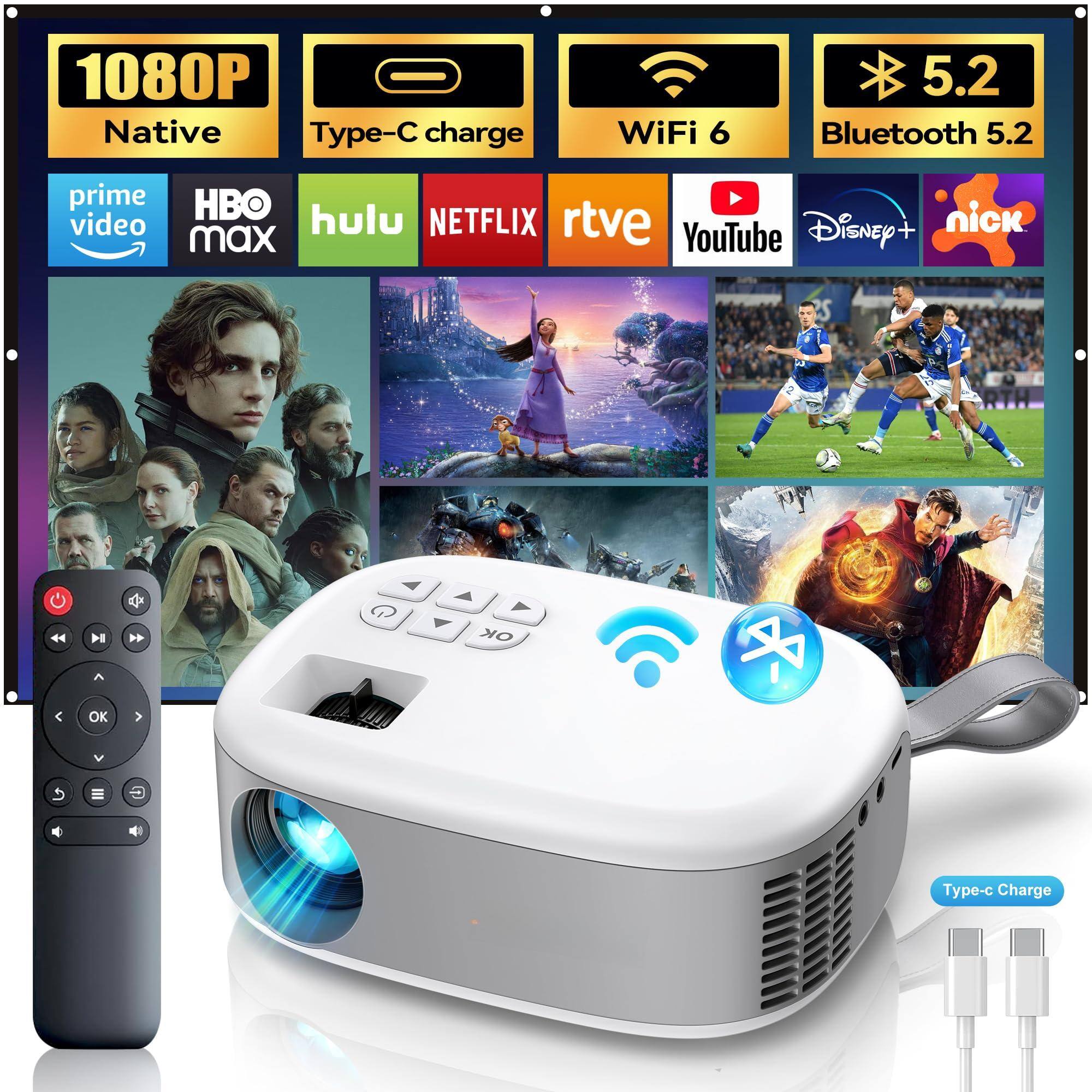1080P Native  
Type-C charge  
WiFi 6  
Bluetooth 5.2  

prime video  
HBO max  
hulu  
NETFLIX  
rtve  
YouTube  
Disney+  
nick  

OK  
Charge