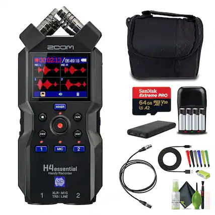 ZOOM H4 Essential Handy Recorder
- 00:02:13 / 06:49:18
- MIC L MIC R
- MIXER
- 1 XLR: MIC
- 2 TRS: LINE
- 32 bit Float
- SanDisk Extreme PRO 64 GB V30 XC I A2
- 1 MIC 2
- Essential Handy Recorder
- 1 MIC L 2 MIC R
- P/B HA
- SSEANE
- Digital Lens Cleaner
- USB Cable
- Batteries
- Cleaning Tools