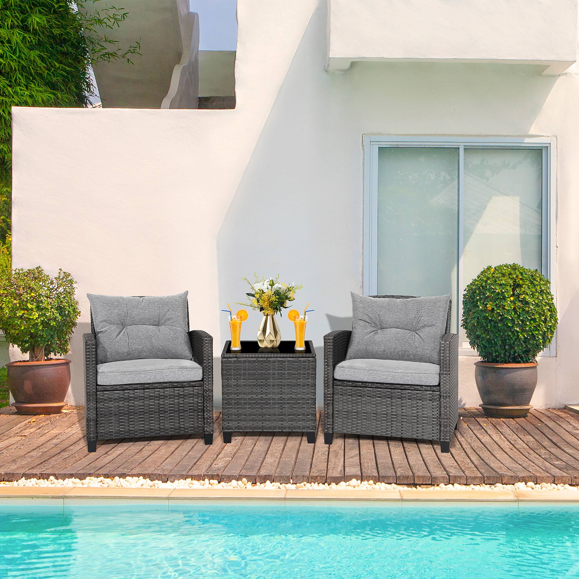 Alt View 3. Gymax - Gymax 3PCS Patio Rattan Sofa Set Outdoor Wicker Conversation Set Glass Tabletop w/ Grey Cushion - Grey.