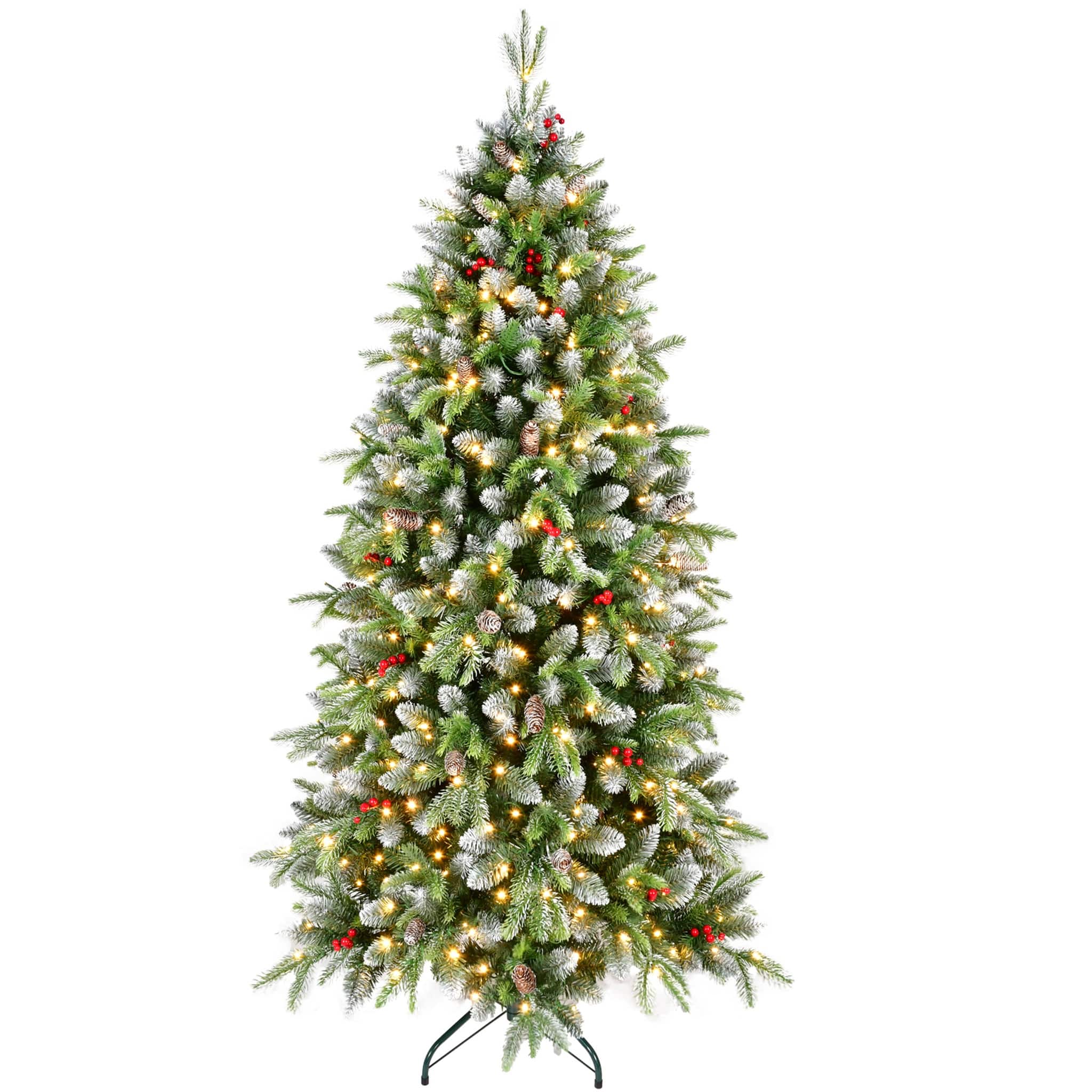 Forest'nSky - 6 ft. Pre-Lit Artificial Christmas Tree with 380 Warm White LED Lights, Frosted Greenery, Red Berries and Pinecones - Green