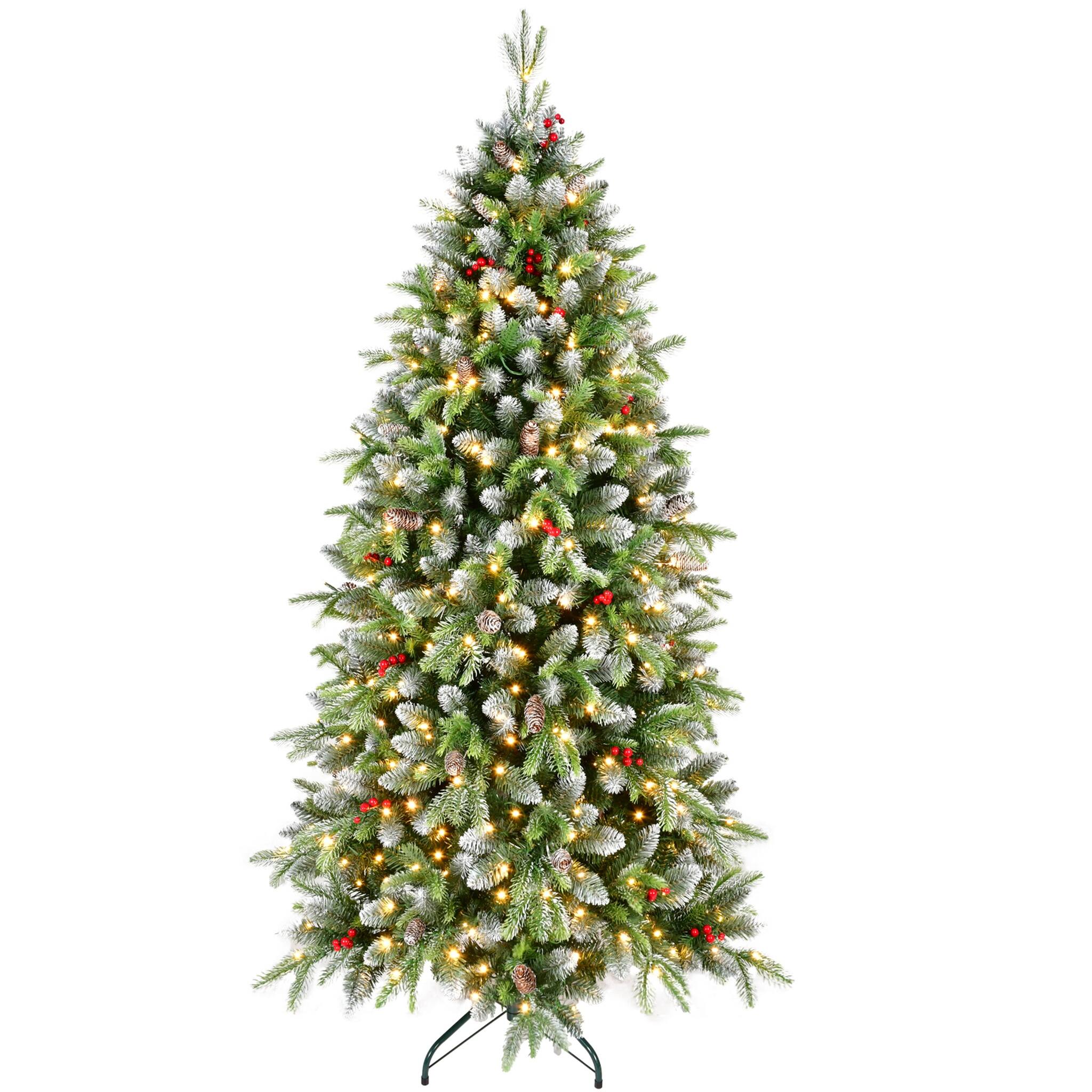 Front. Forest'nSky - 6 ft. Pre-Lit Artificial Christmas Tree with 380 Warm White LED Lights, Frosted Greenery, Red Berries and Pinecones - Green.
