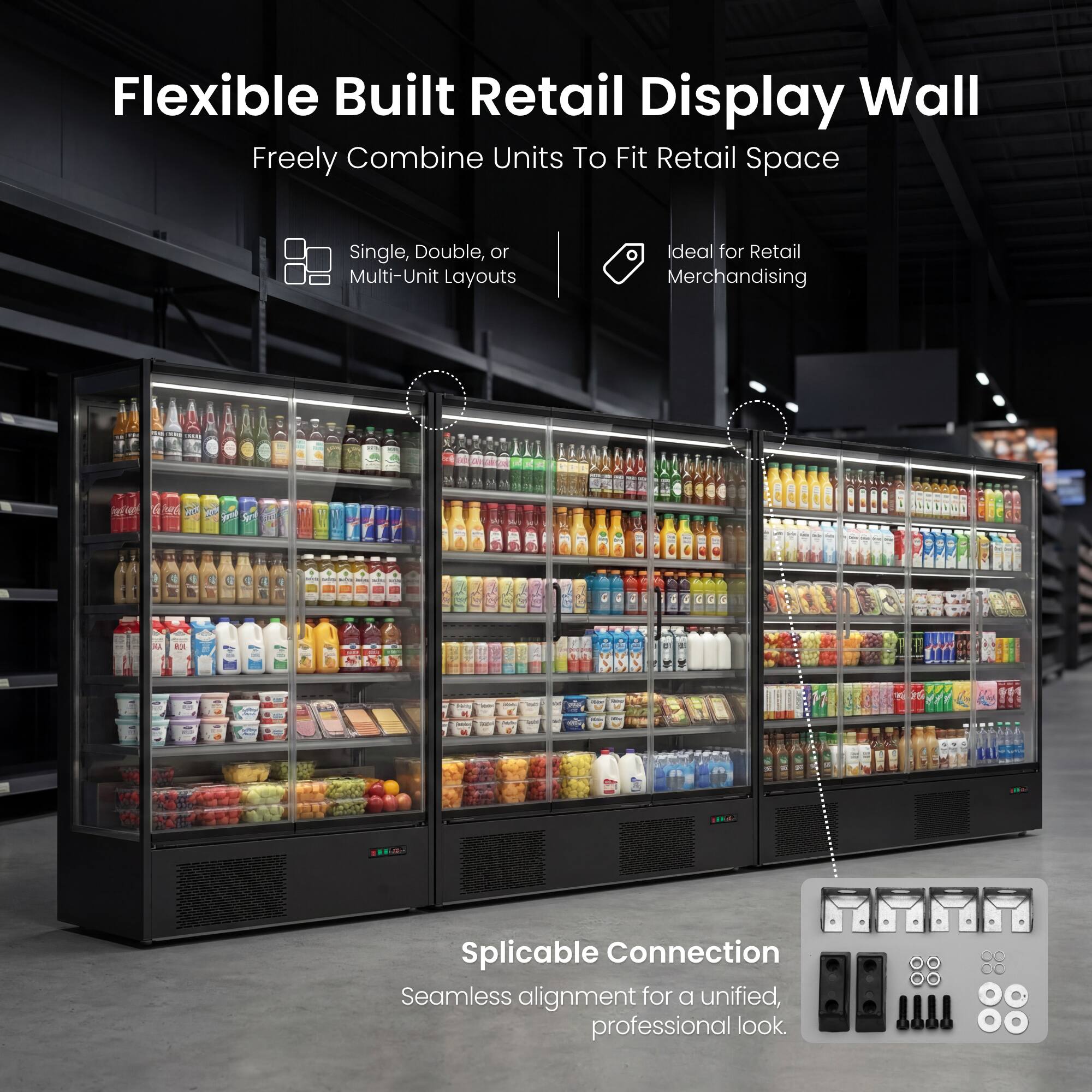 Flexible Built Retail Display Wall  
Freely Combine Units To Fit Retail Space  

Single, Double, or Multi-Unit Layouts  
Ideal for Retail Merchandising  

Splicable Connection  
Seamless alignment for a unified, professional look.