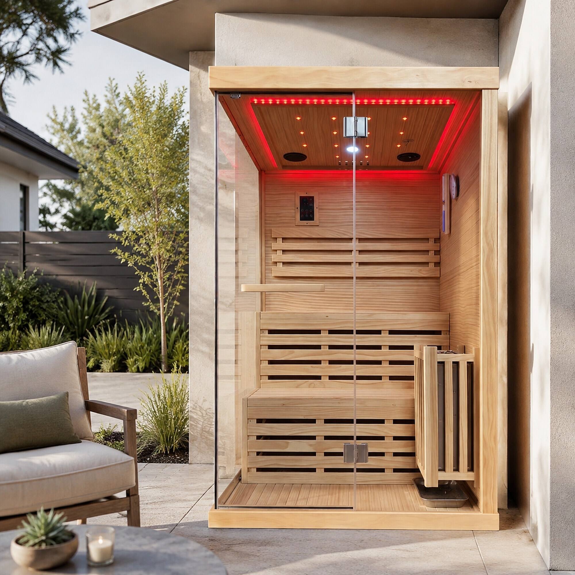 Left. RYHNUYNE - 2 Person Sauna, 3000W Metal Heater, Chilean Pine Wood, Home Spa, 1200 x 1200 x 1900 mm - Ameican White Oak.