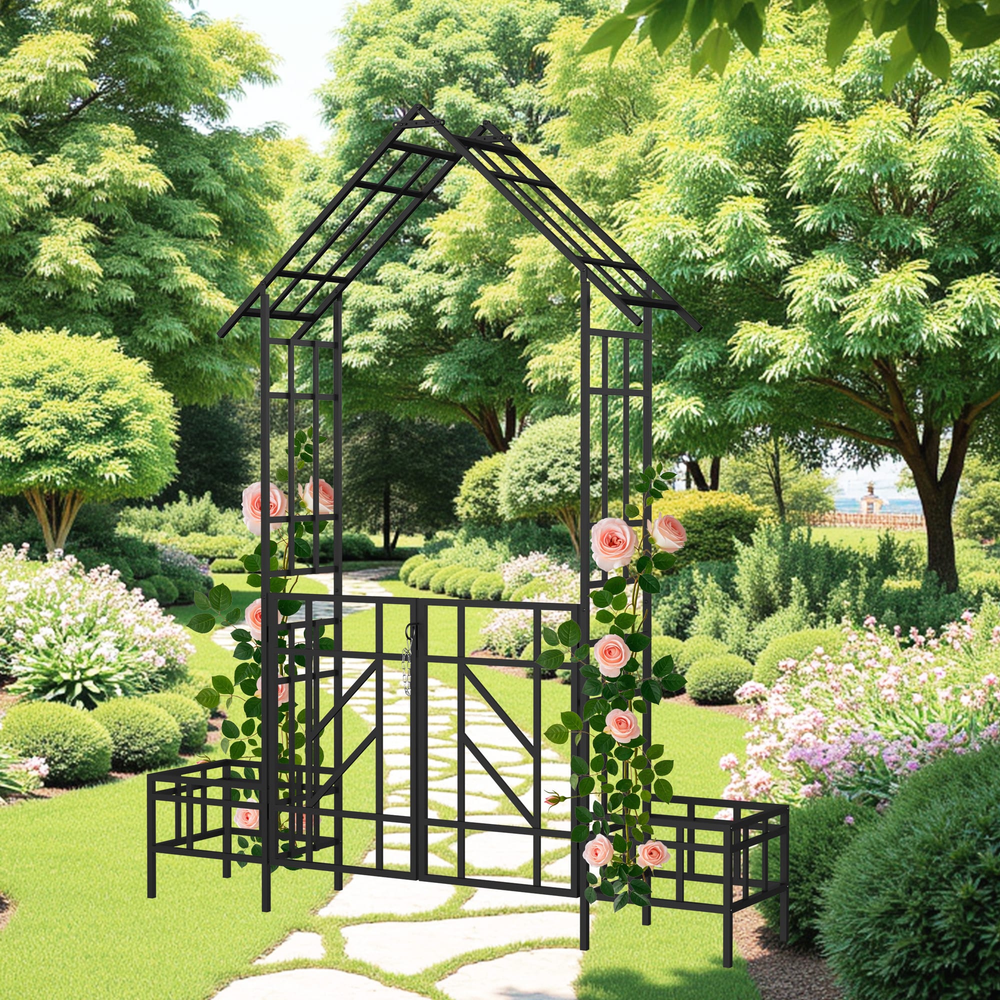 Loheer - Metal Garden Arch with Gate and Planters, 6.73 ft x 8.1 ft Rose Trellis for Outdoor Yard - Black price history on PriceWatchPro