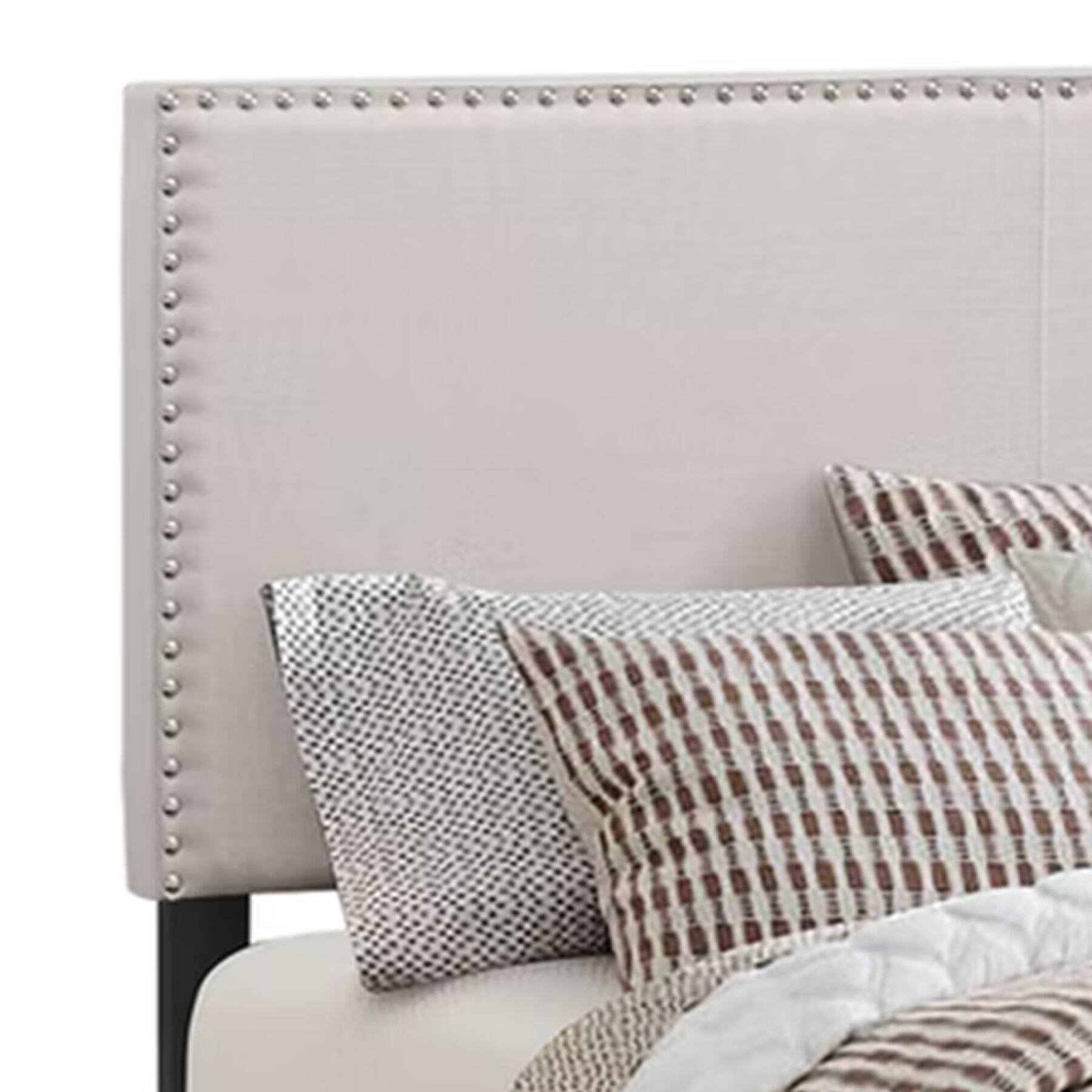 Alt View 1. Manhattan Lane - Fabric Upholstered Queen Size Platform Bed with Nail Head Trim - Ivory.