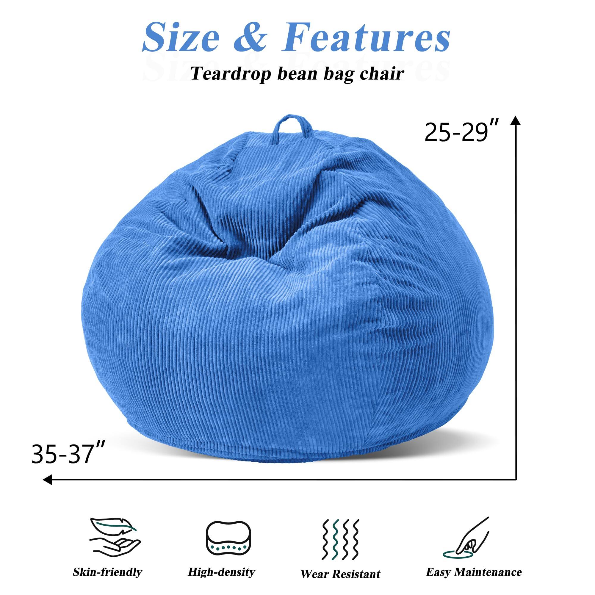 Size & Features  
Teardrop bean bag chair  

- Size: 25-29" (height) x 35-37" (width)  
- Features:  
  - Skin-friendly  
  - High-density  
  - Wear Resistant  
  - Easy Maintenance