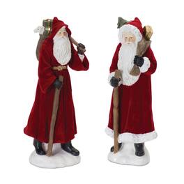 BreeBe - Flocked Santa Figurine with Hood and Staff (Set of 2) - Red, White