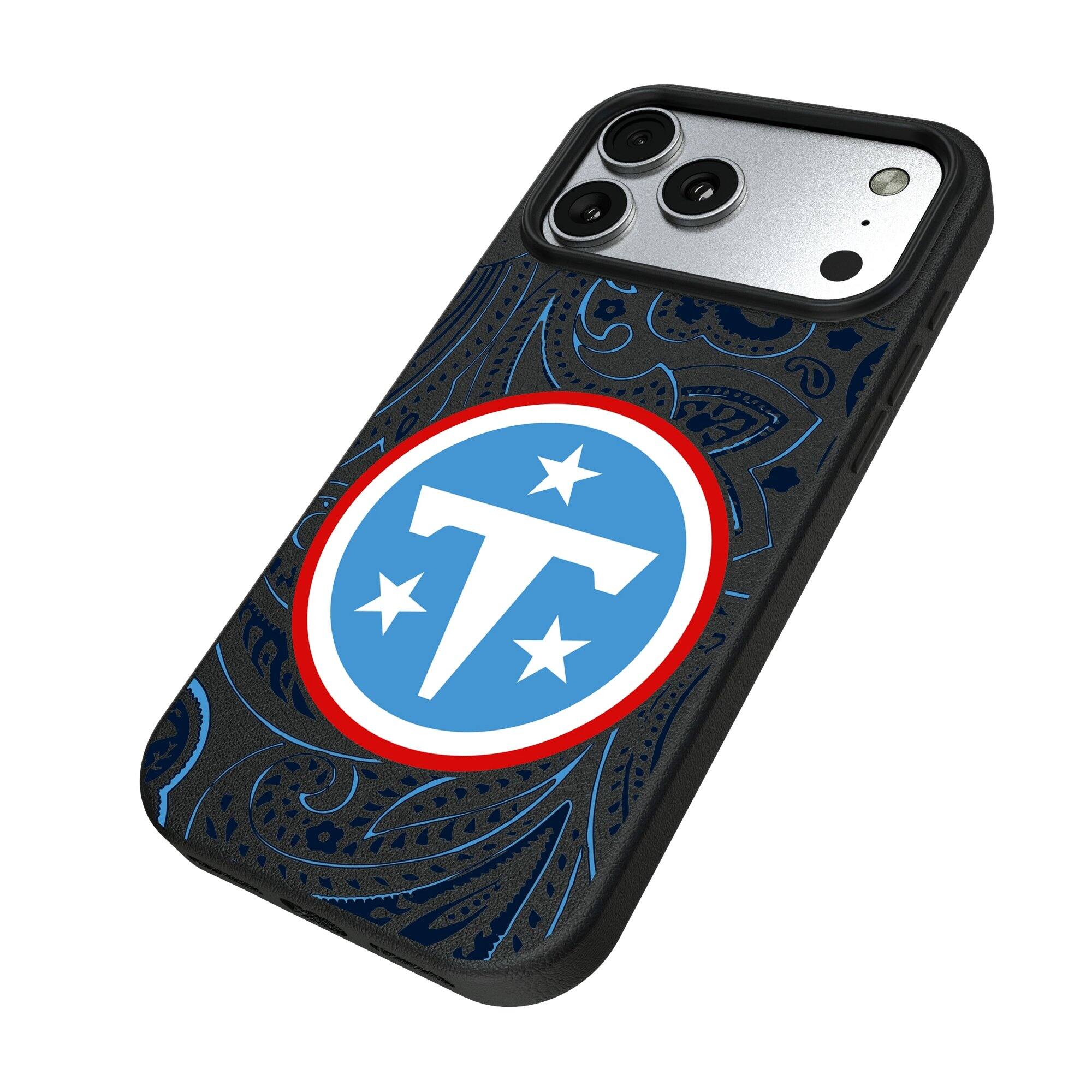 Alt View 1. Keyscaper - Tennessee Titans Paisley iPhone Magnetic Bump Case - 15 Plus - Black.